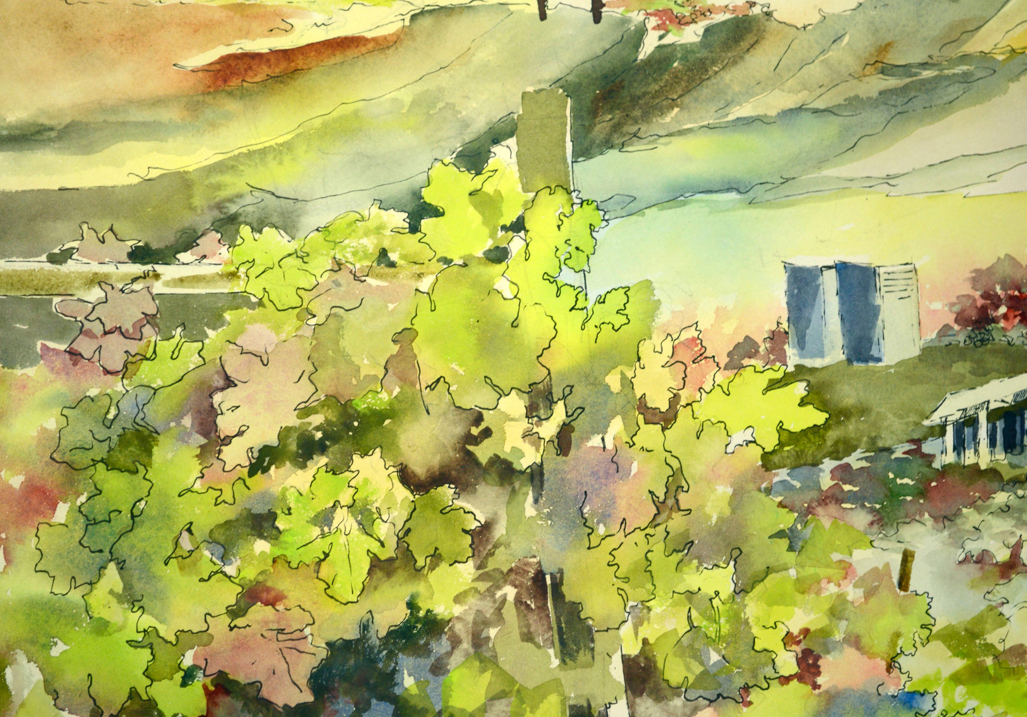 Großformatige kalifornische Vineyard-Aquarelllandschaft eines Bauernhauses in Kalifornien (Amerikanischer Impressionismus), Art, von Carolyn Hofstetter