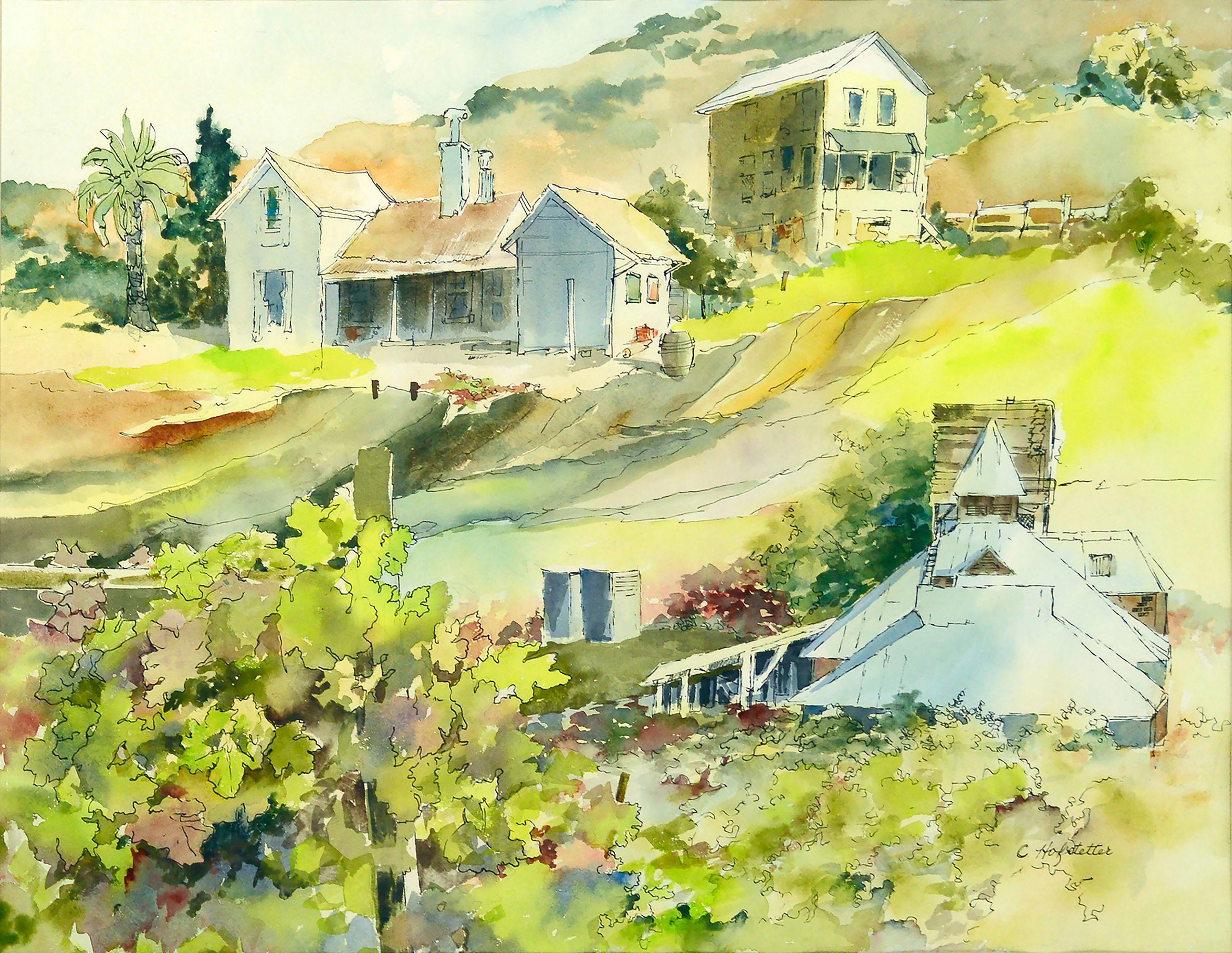 California Vineyard, Large-Scale Farmhouse Landscape Watercolor - Art by Carolyn Hofstetter