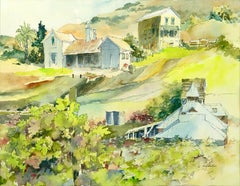 California Vineyard, Large-Scale Farmhouse Landscape Watercolor