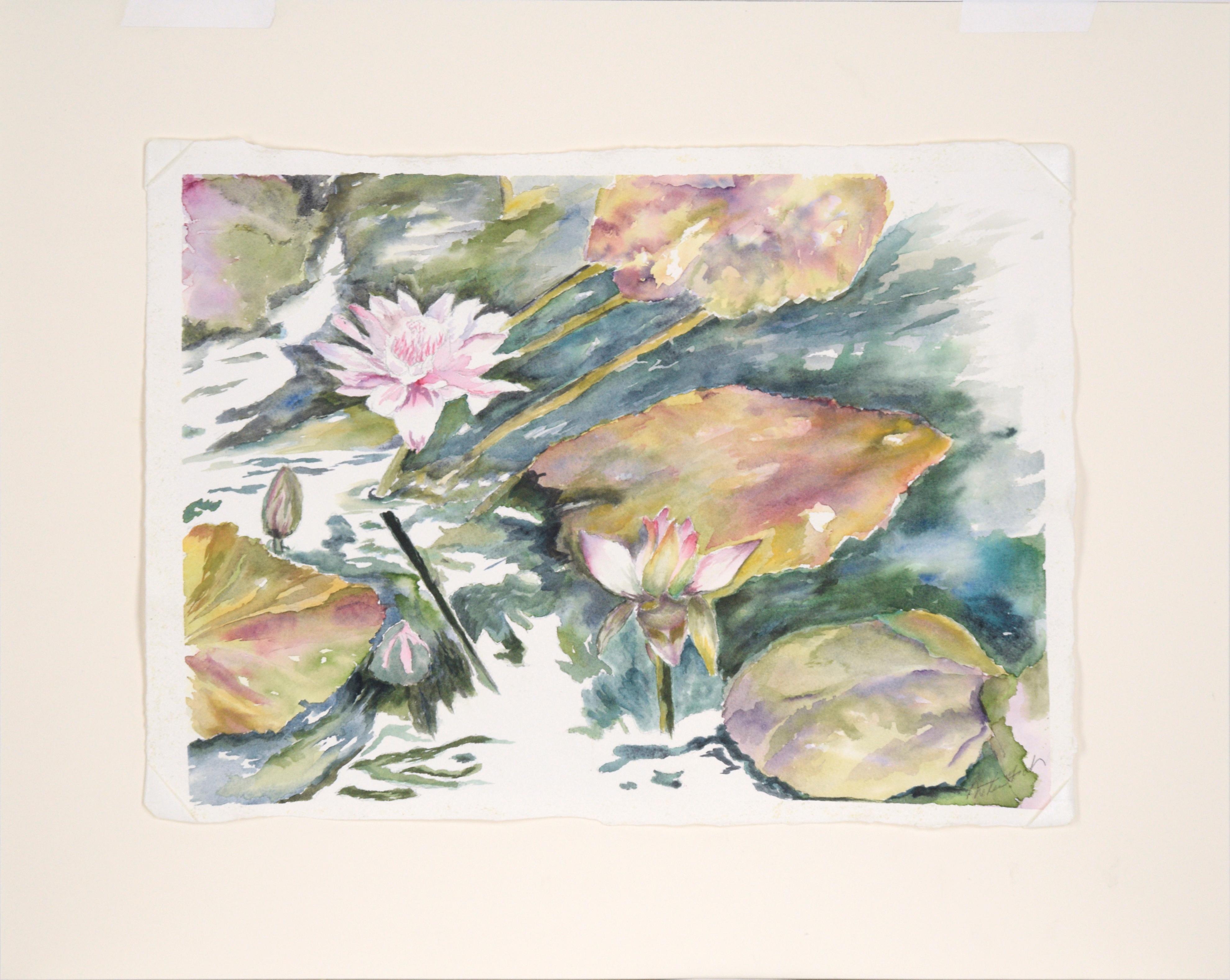 Delicate watercolor of lilies in a pond by an unknown artist (20th Century). Two flowers are blooming above lily pads in a pond. The flowers are rendered in a soft pink, whereas the lilies and water are dark greens and blues, creating a nice