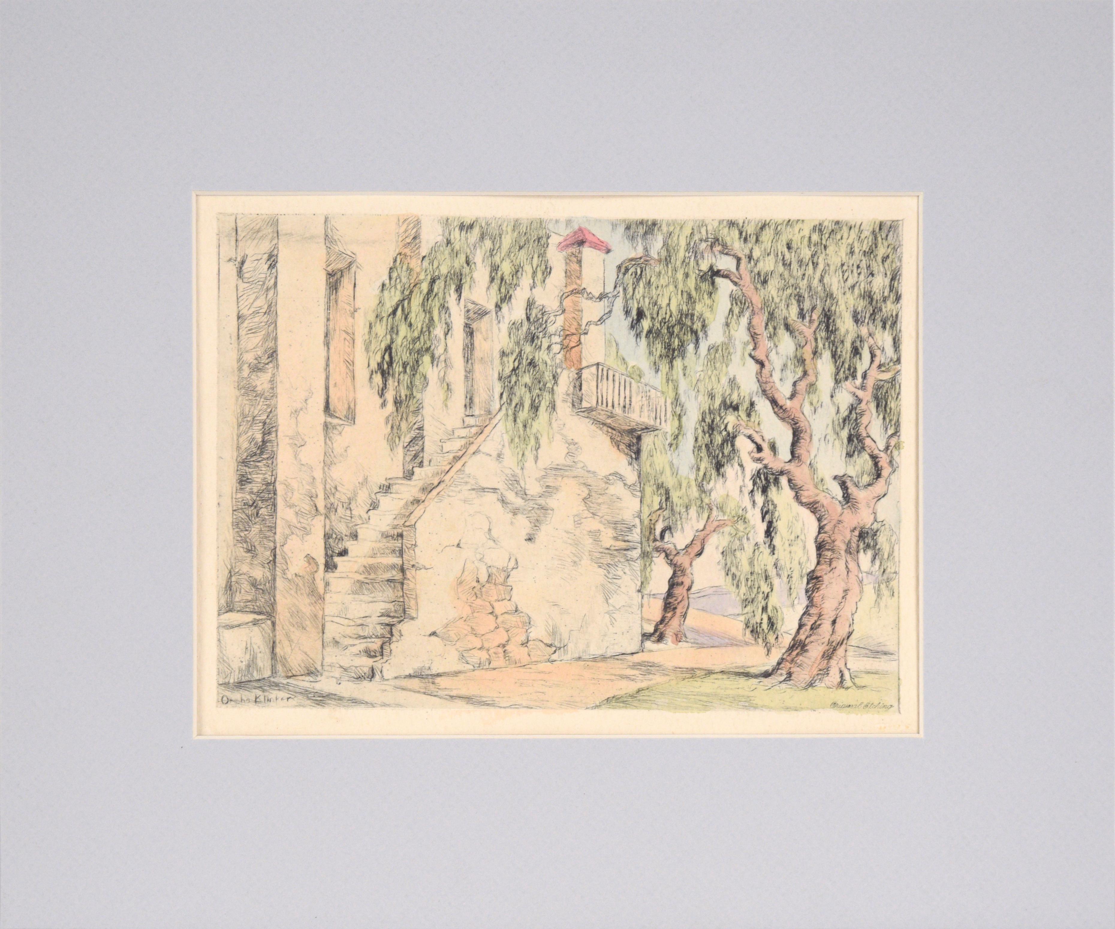 Orpha Klinker Landscape Art - Corkscrew Willows with Stairs - Hand Colored Drypoint Etching California Adobe