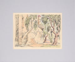 Corkscrew Willows with Stairs - Hand Coloured Drypoint Etching California Adobe