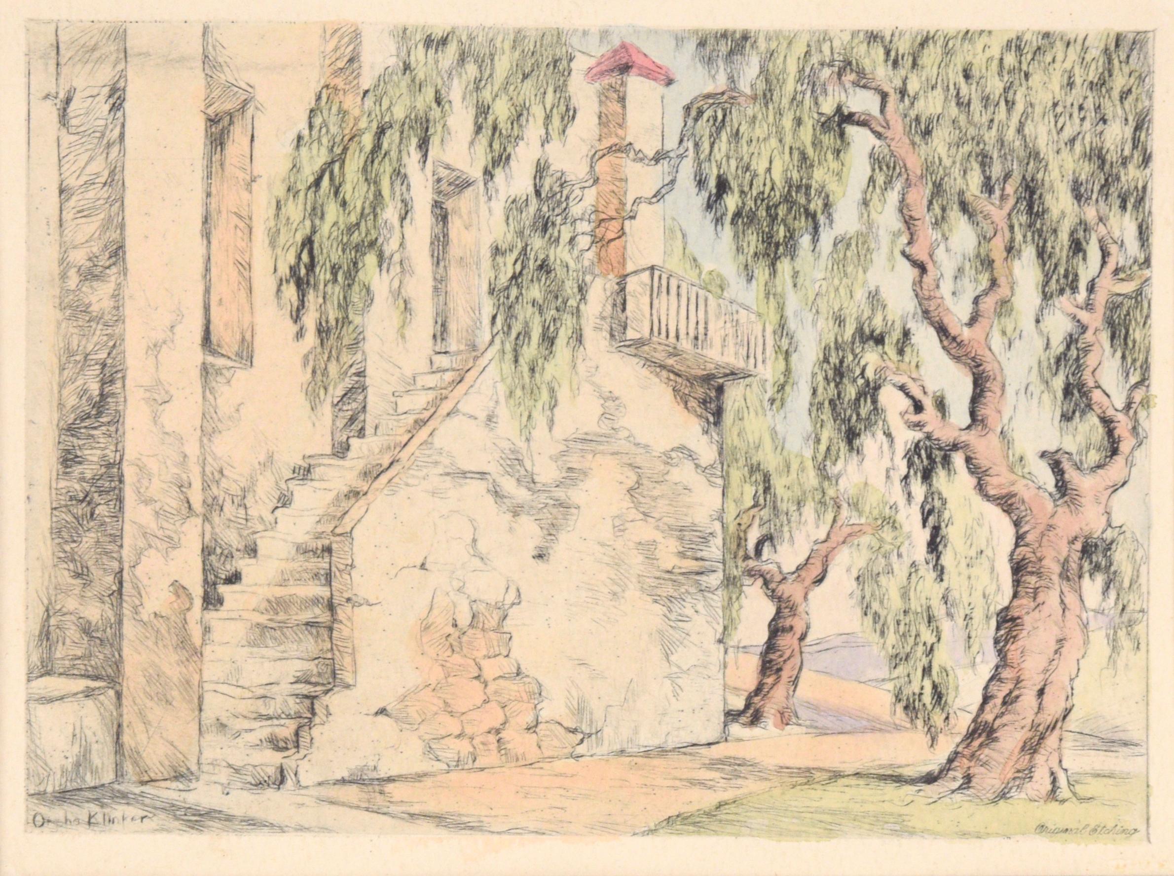 Corkscrew Willows with Stairs - Hand Colored Drypoint Etching California Adobe - Art by Orpha Klinker