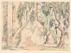 Corkscrew Willows with Stairs - Hand Colored Drypoint Etching California Adobe