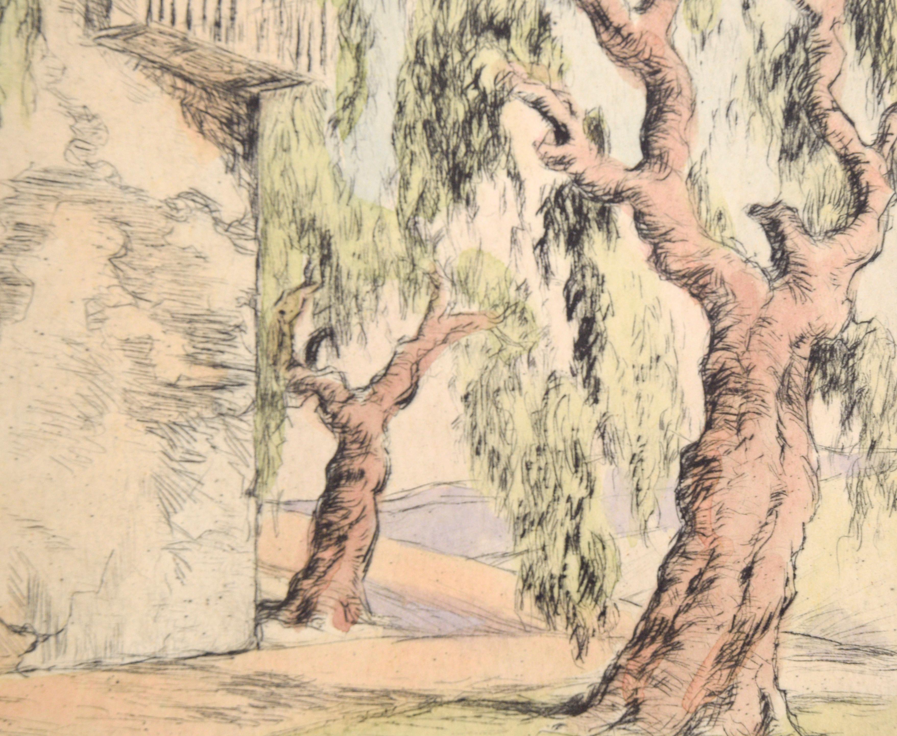 Corkscrew Willows with Stairs - Hand Colored Drypoint Etching California Adobe - Beige Landscape Art by Orpha Klinker