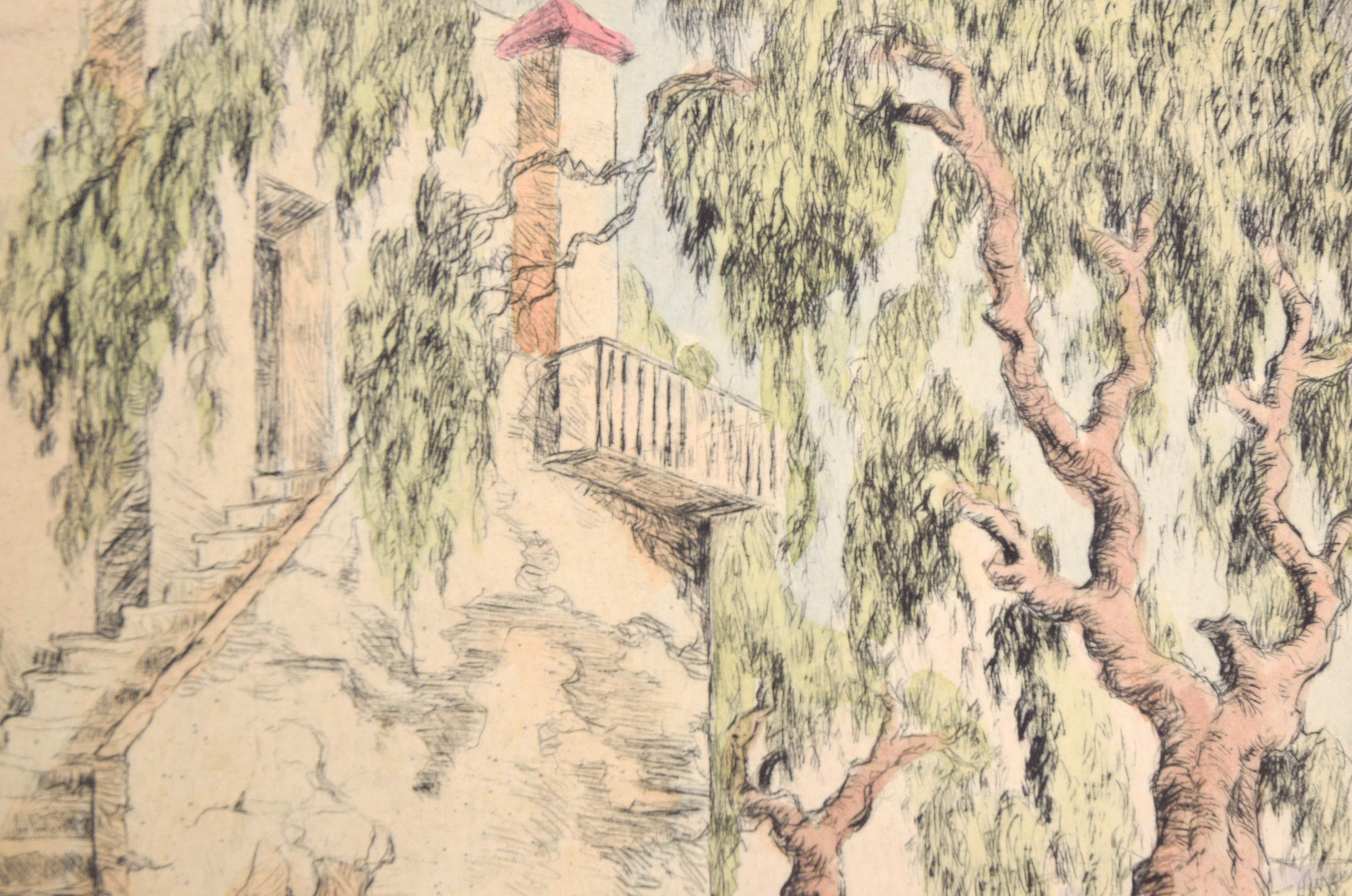 Corkscrew Willows with Stairs - Hand Colored Drypoint Etching California Adobe - Beige Landscape Art by Orpha Klinker