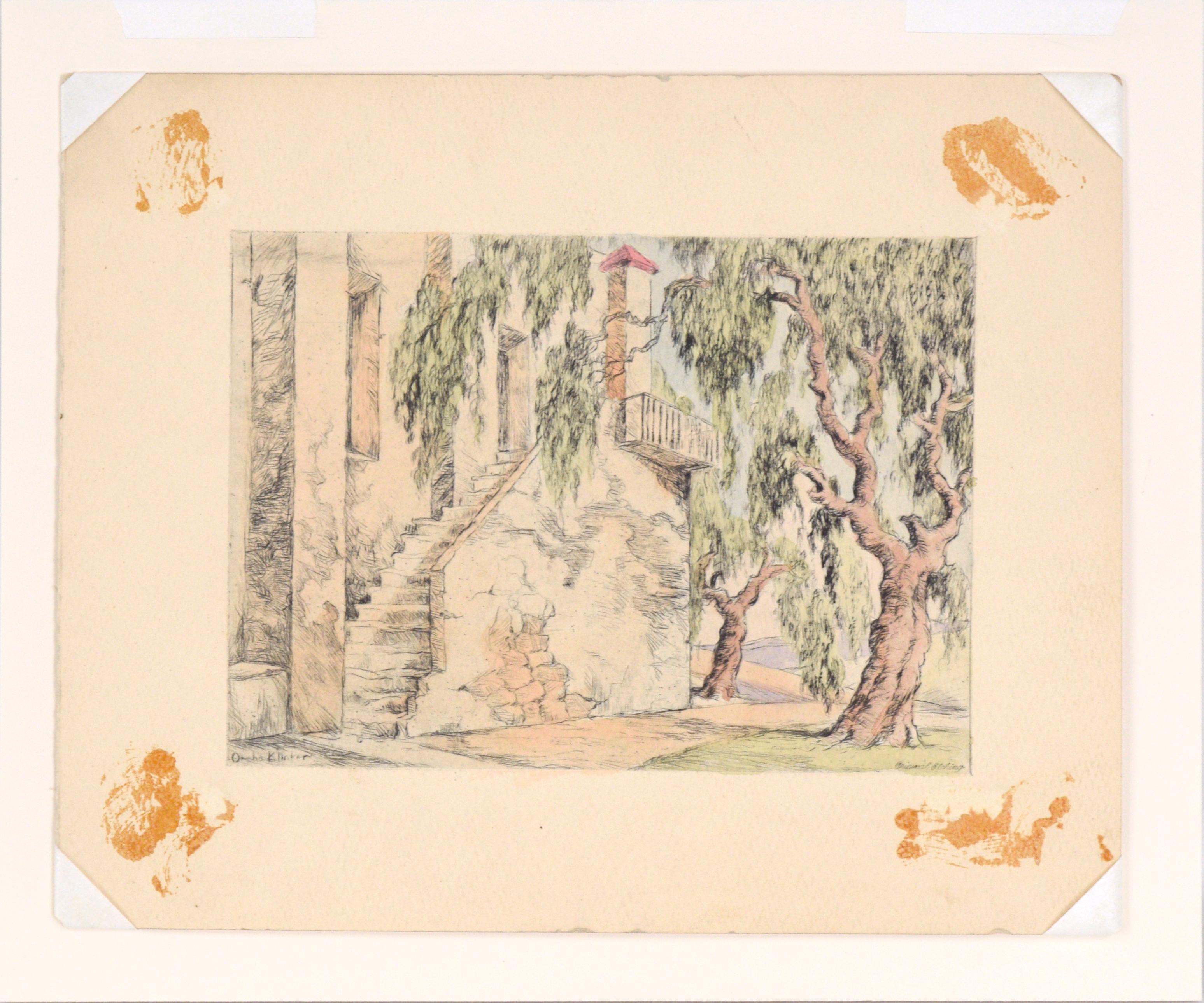 Corkscrew Willows with Stairs - Hand Colored Drypoint Etching California Adobe For Sale 4