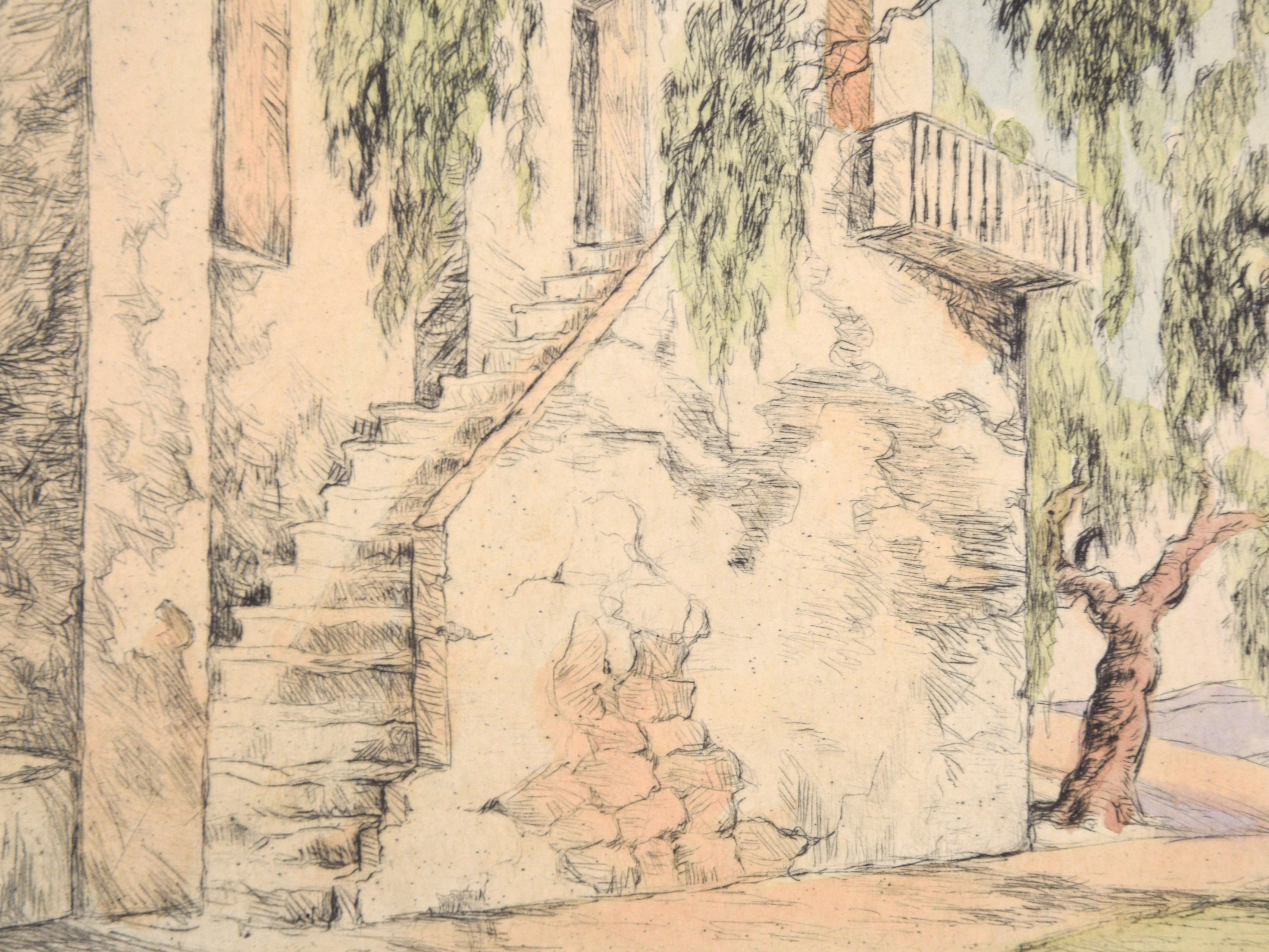 Delicate and detailed etching  by Orpha Klinker (American, 1891-1964). At the edge of an old Adobe building, a staircase leads to the second floor. The stucco on the walls of the building is cracked, revealing the stonework below. Next to the