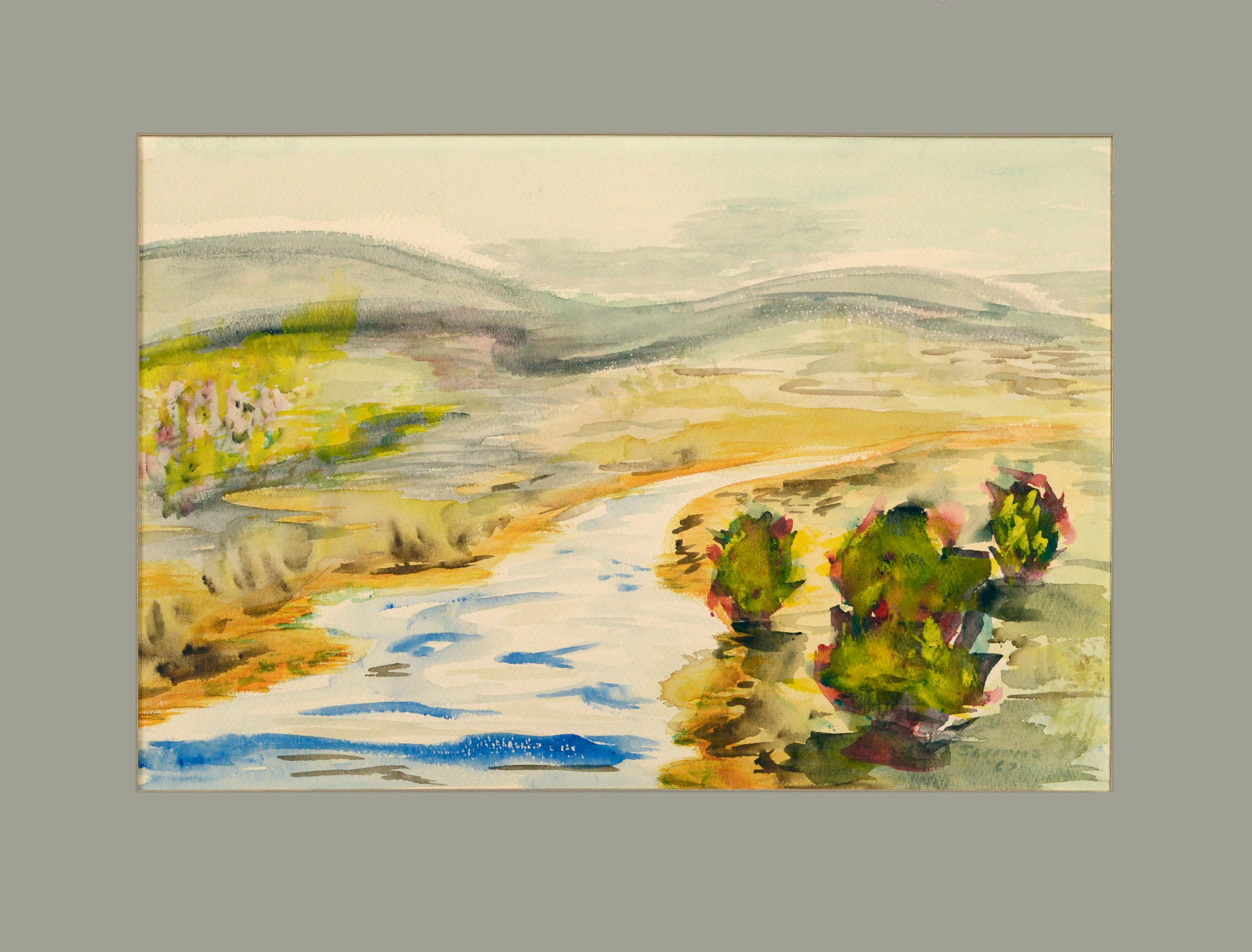 Unknown Landscape Art - Winding River, Mid Century Autumnal Watercolor Landscape
