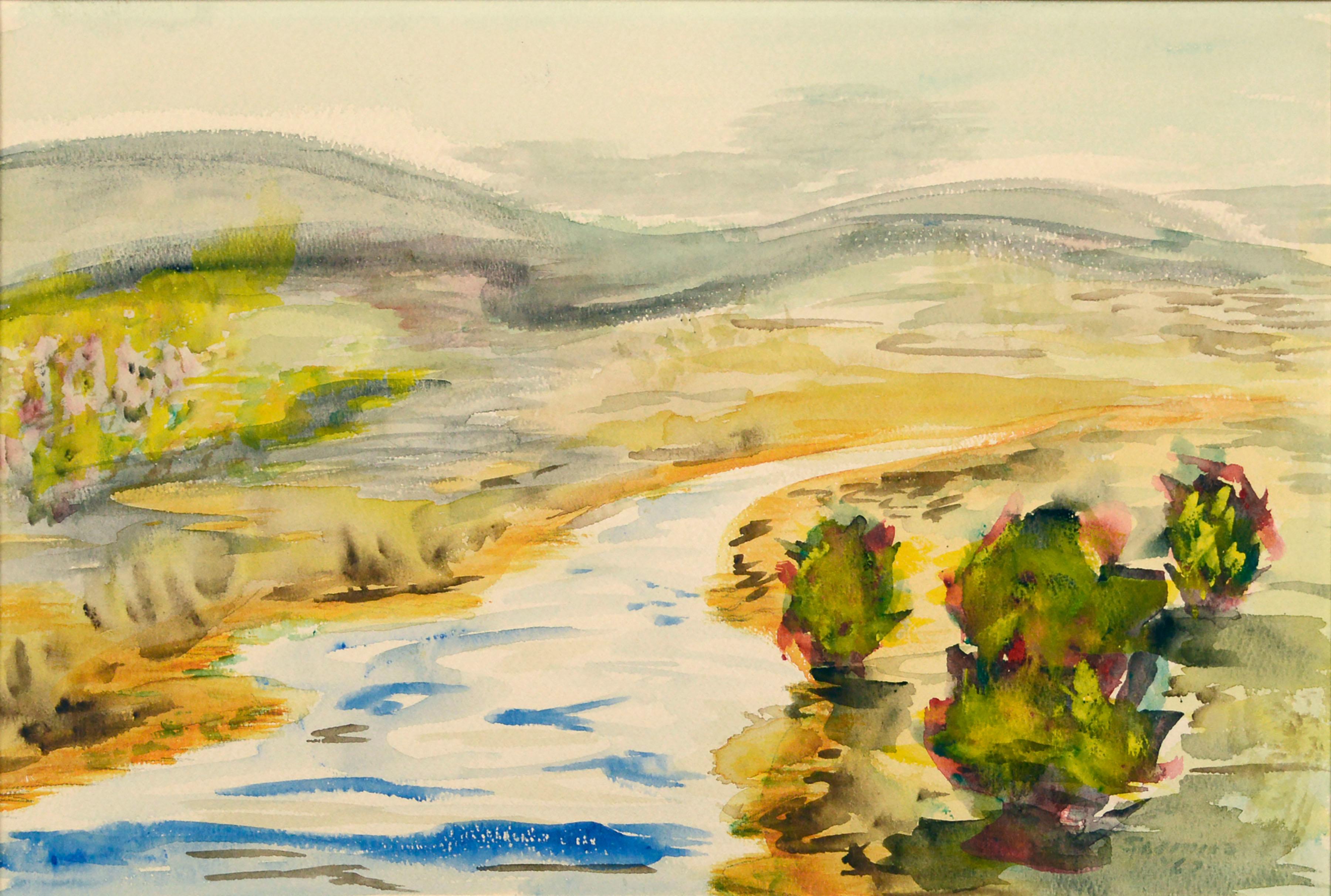 Río sinuoso, paisaje otoñal en acuarela de mediados de siglo - Art de Unknown