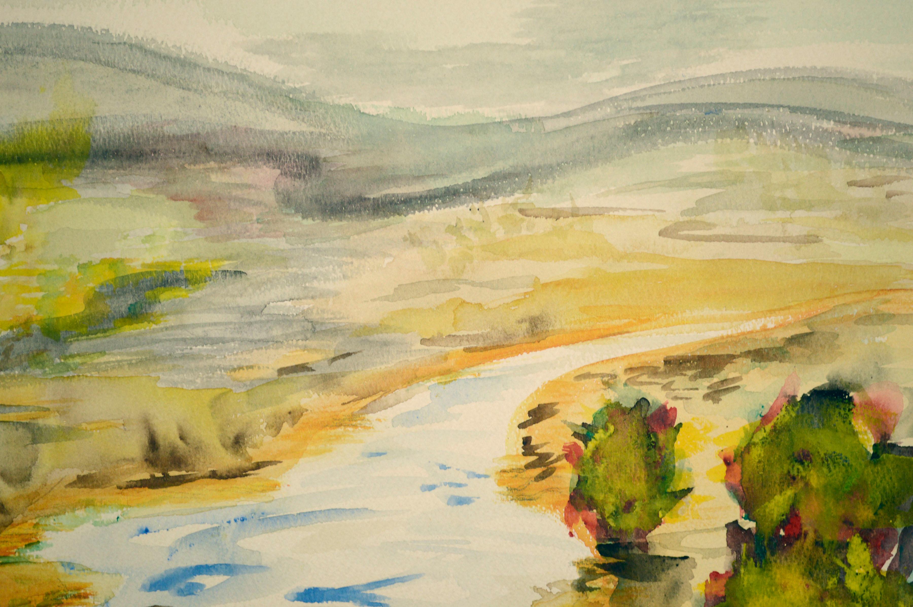 Río sinuoso, paisaje otoñal en acuarela de mediados de siglo - Art impresionista estadounidense de Unknown