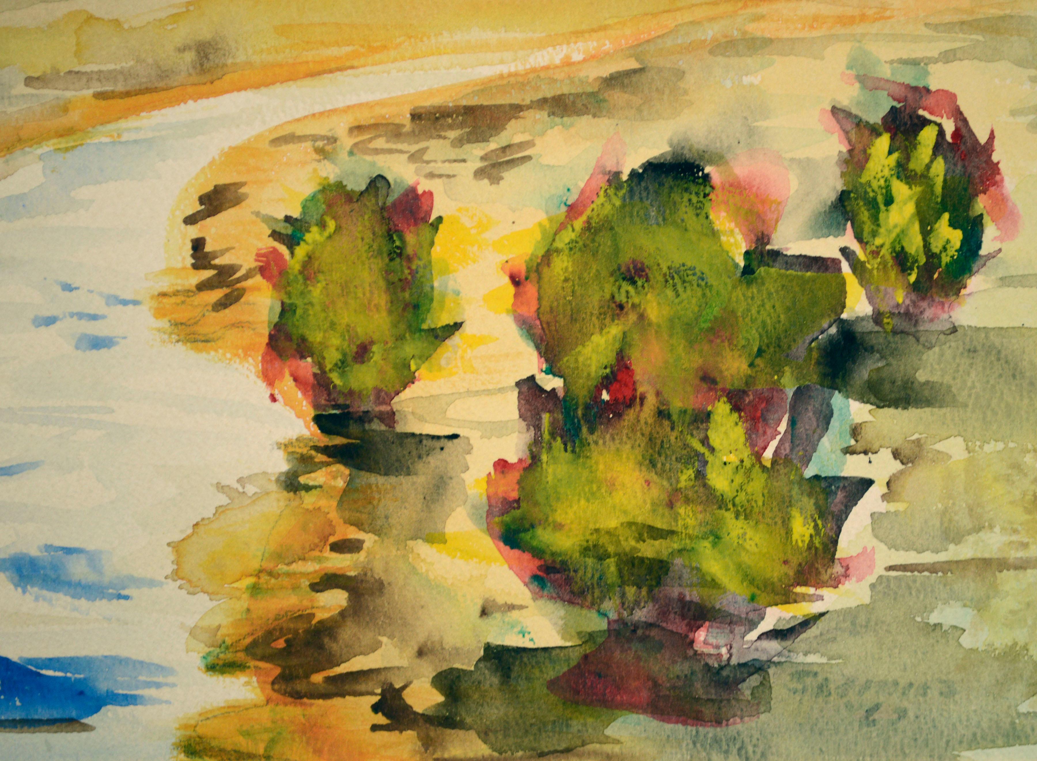 Maravillosa y vibrante acuarela otoñal de mediados de siglo sobre un paisaje de montañas onduladas y un río, realizada por un artista desconocido (estadounidense, siglo XX). El artista utiliza pinceladas sueltas y pictóricas y deja que la acuarela