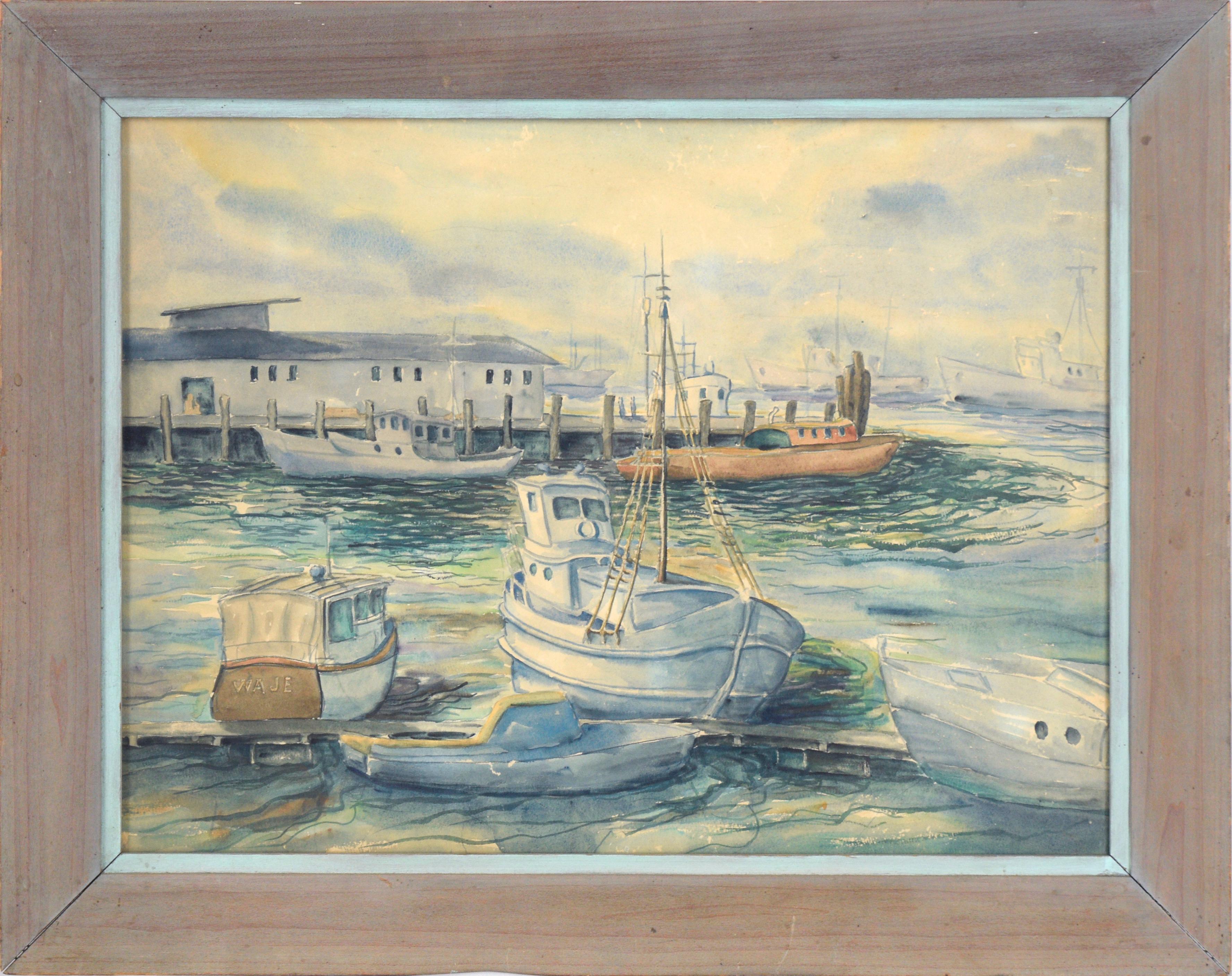 Clarence Albert Taubenhein Landscape Art - Boats at the Harbor - Nautical Seascape