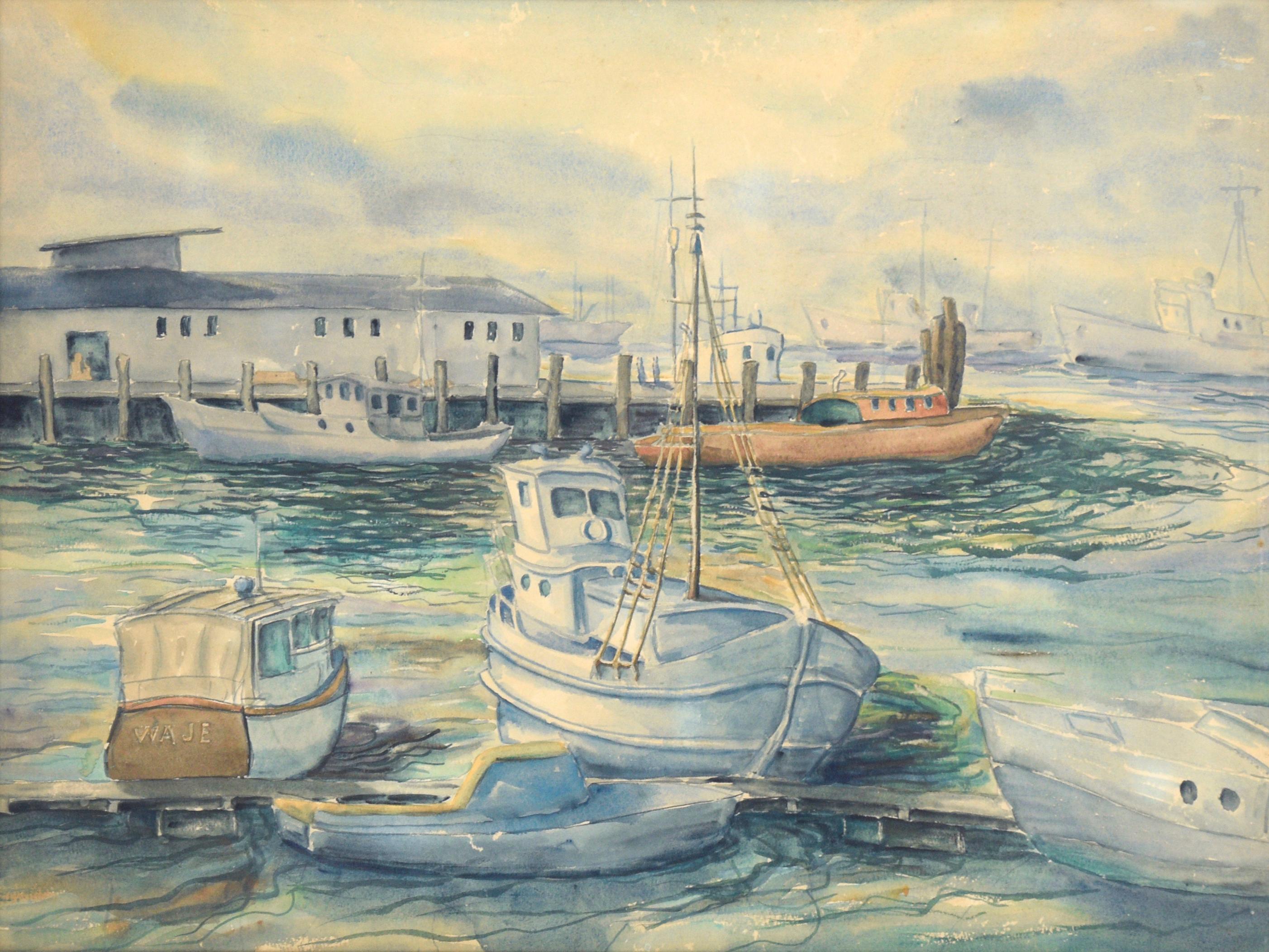 Boote am Hafen – nautische Meereslandschaft – Art von Clarence Albert Taubenhein