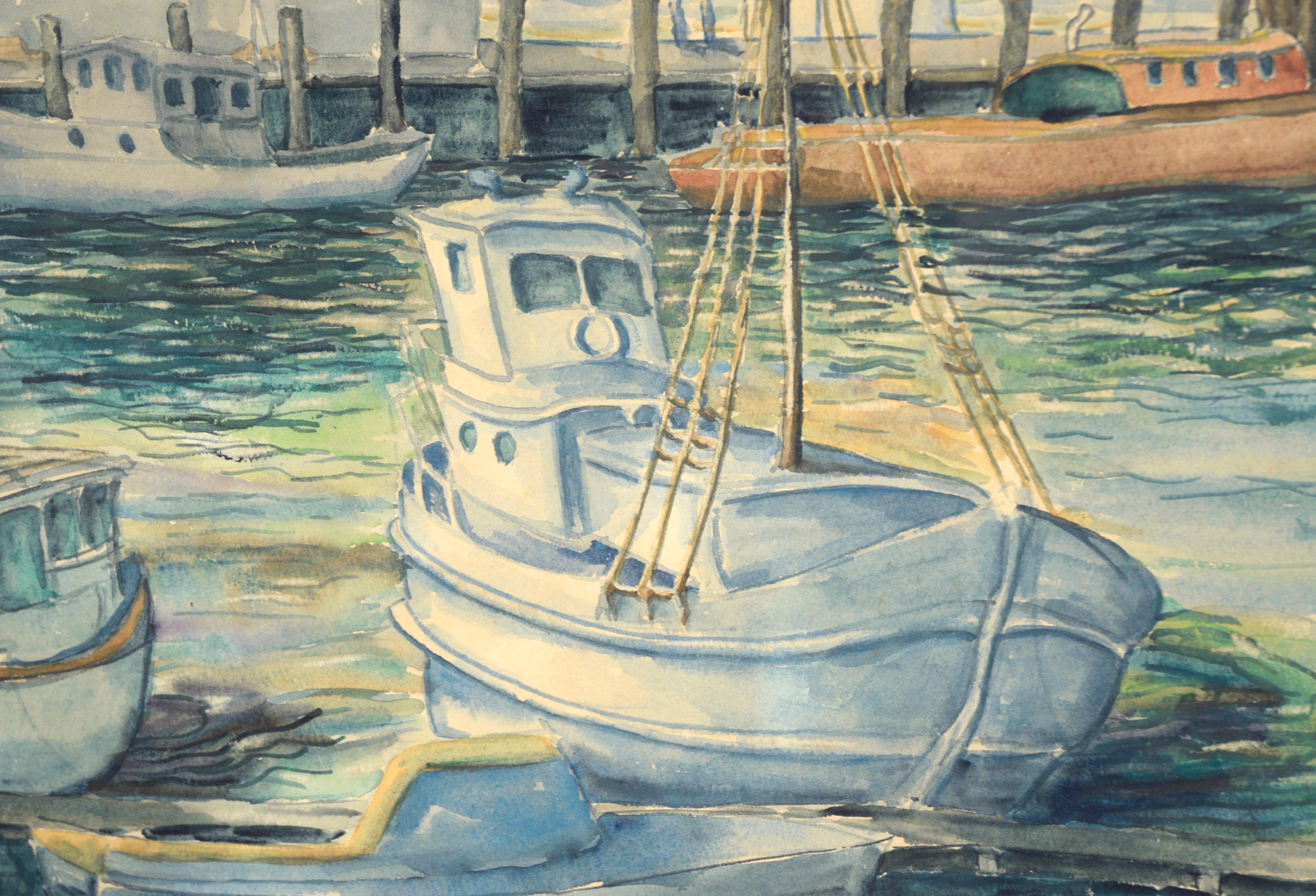 Aquarell von Booten im Hafen von Clarence Albert Taubenhein (Amerikaner, 1902-1989). Im Vordergrund liegen einige Boote an einer Anlegestelle fest. Das Wasser ist so detailliert dargestellt, dass die Tiefe und die Beschaffenheit der Wellen, die in