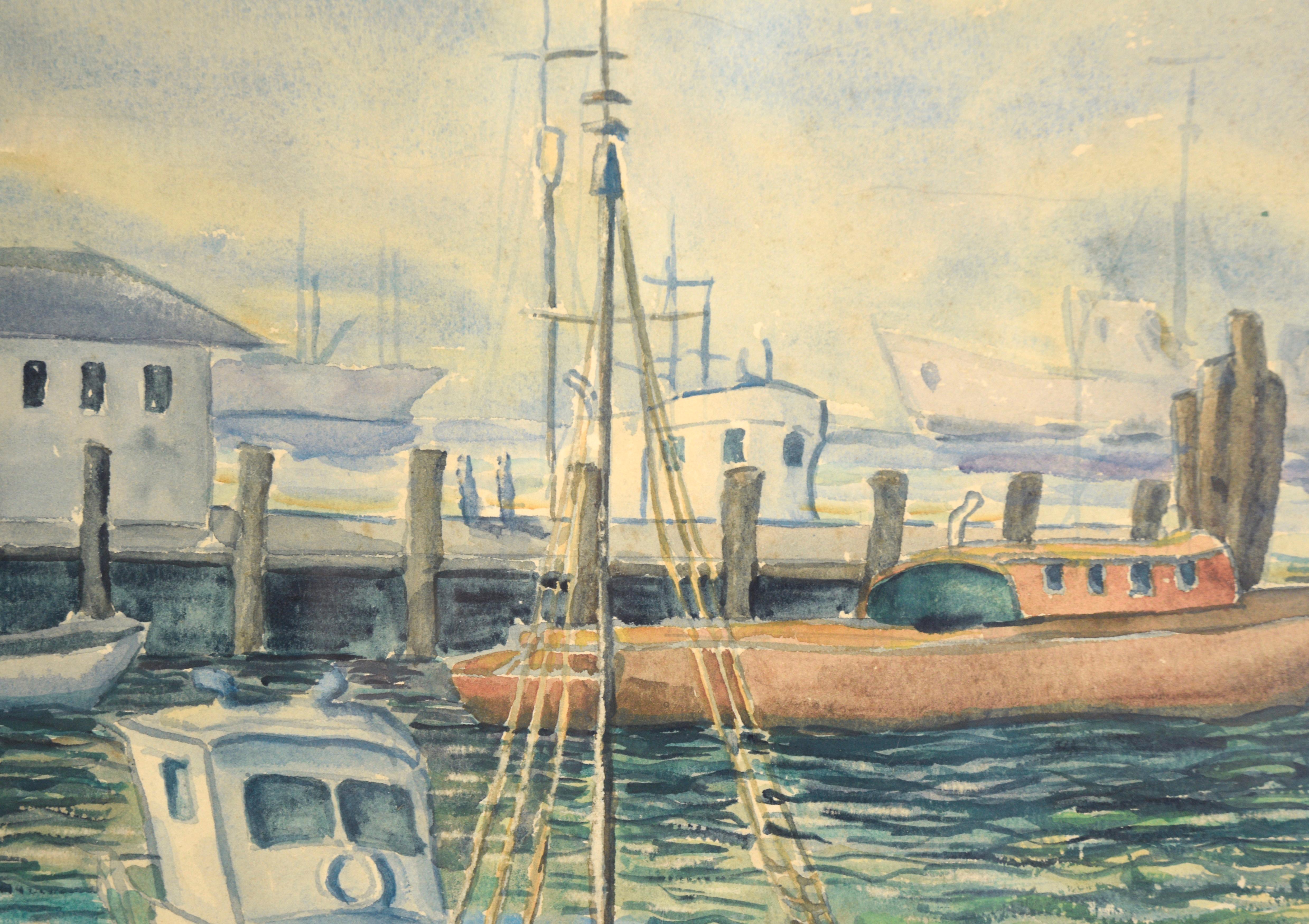 Boats at the Harbor - Nautical Seascape - Brown Landscape Art by Clarence Albert Taubenhein