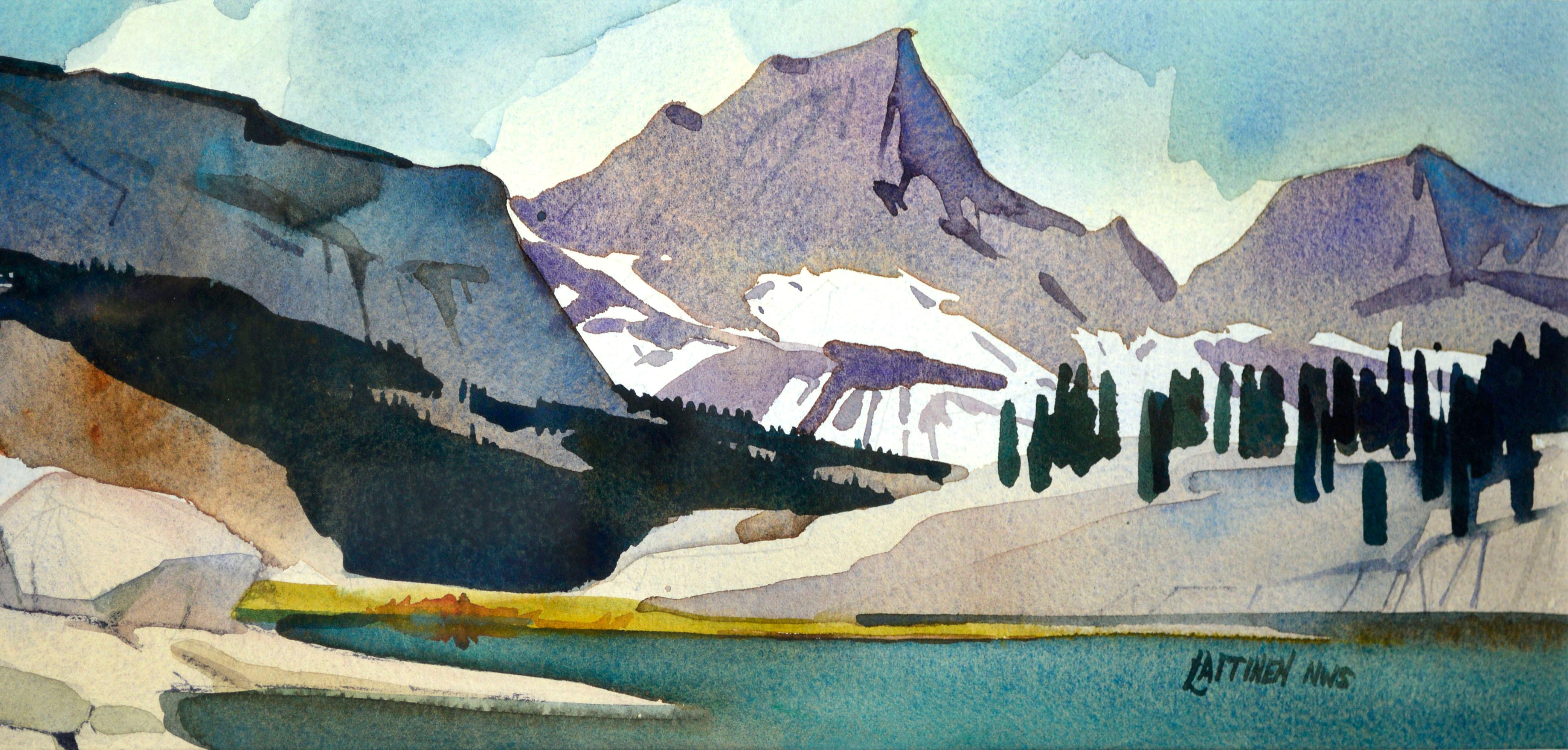 Sierra Mountain Peak Lake, Panoramic Landscape Watercolor by National Watercolor Society artist Dale Laitinen 

Beautiful late 20th century landscape watercolor by Dale Laitinen (American, b.20th Century), c.1990's. In this panoramic scene, a