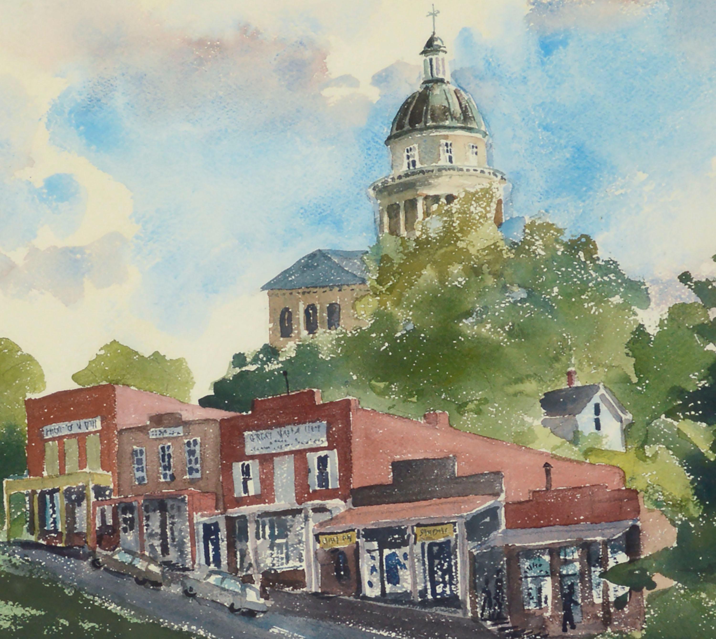 Aquarelle de paysage californien vintage Old Town Auburn, par Les Anderson en vente 2