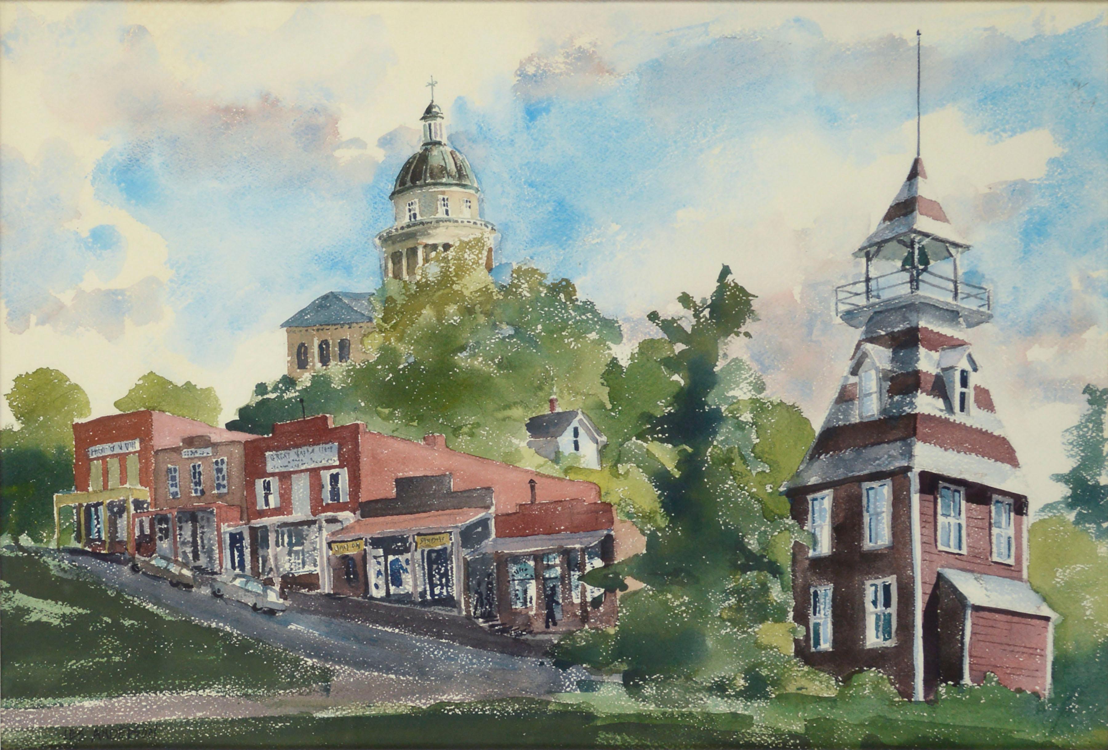 Aquarelle de paysage californien vintage Old Town Auburn, par Les Anderson en vente 1