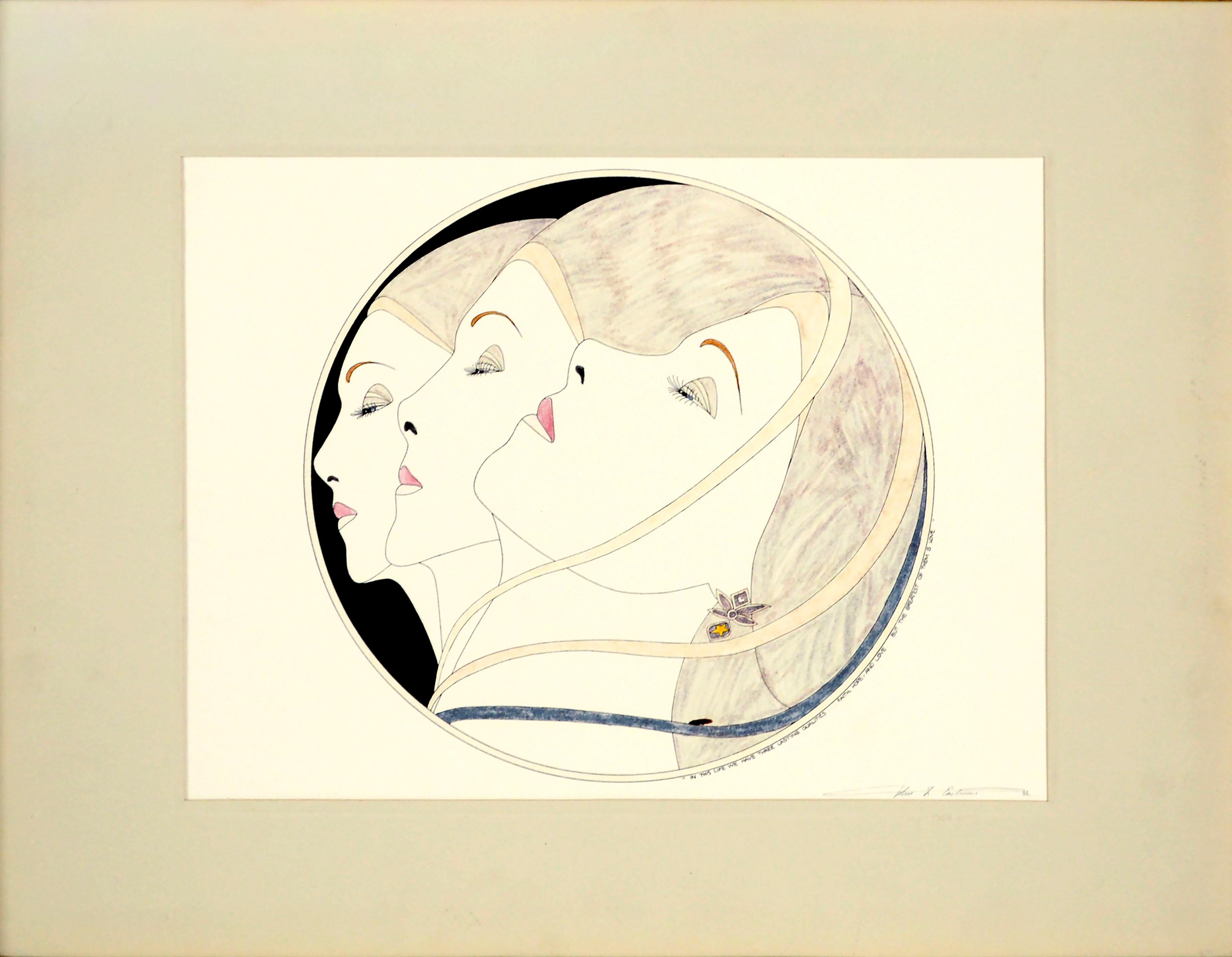 « Trois têtes de rubans », lithographie Art déco colorée à la main par John Luke Eastman 1984 en vente 1