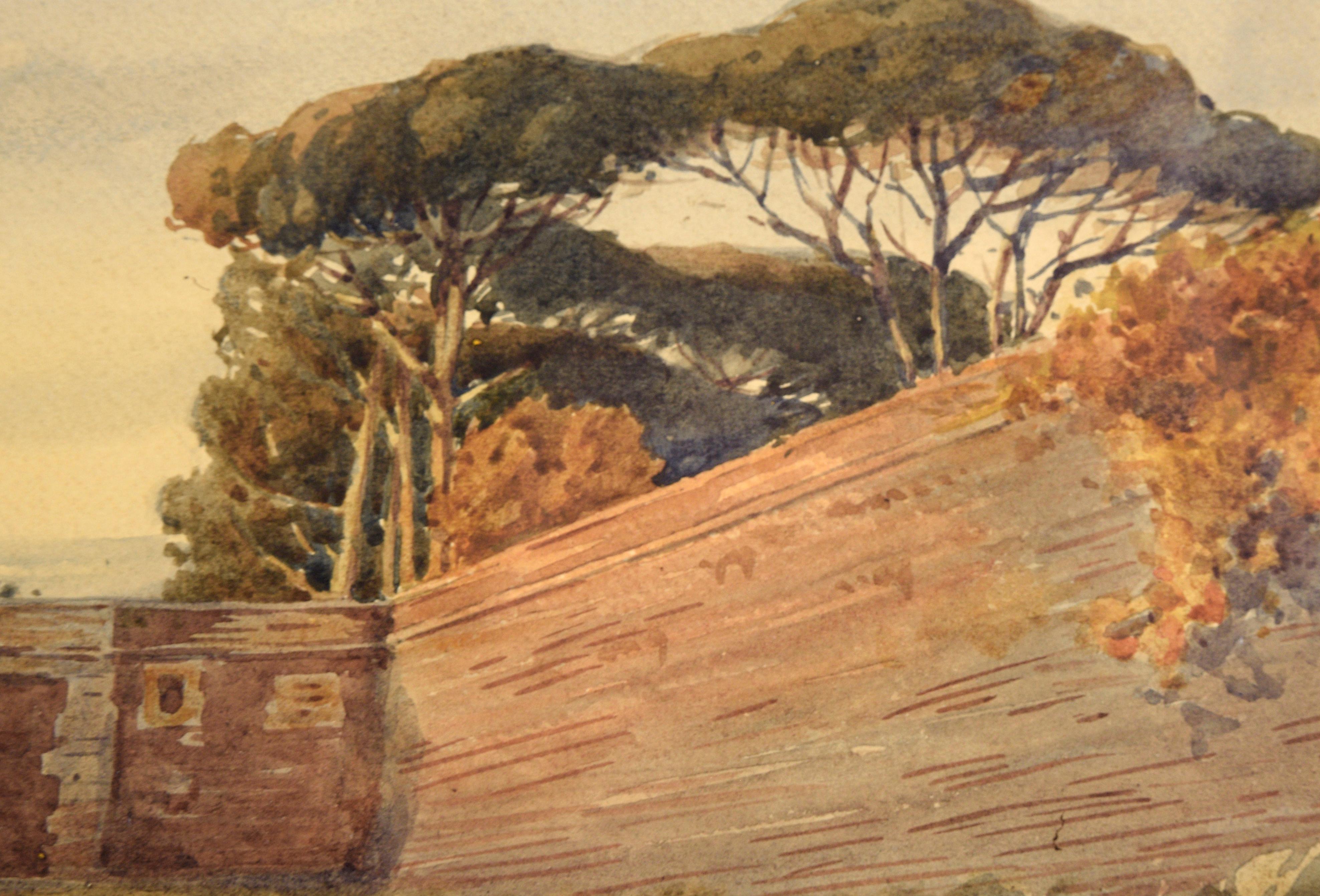 St. Peter's Basilica from the Edge of the City - Roman Lansdcape

Lush watercolor of a sunset behind St. Peter's Basilica by Gaetano Facciola (Italian, 1868-1949). From a road at the edge of town, the viewer is treated to a lovely view of the sunset