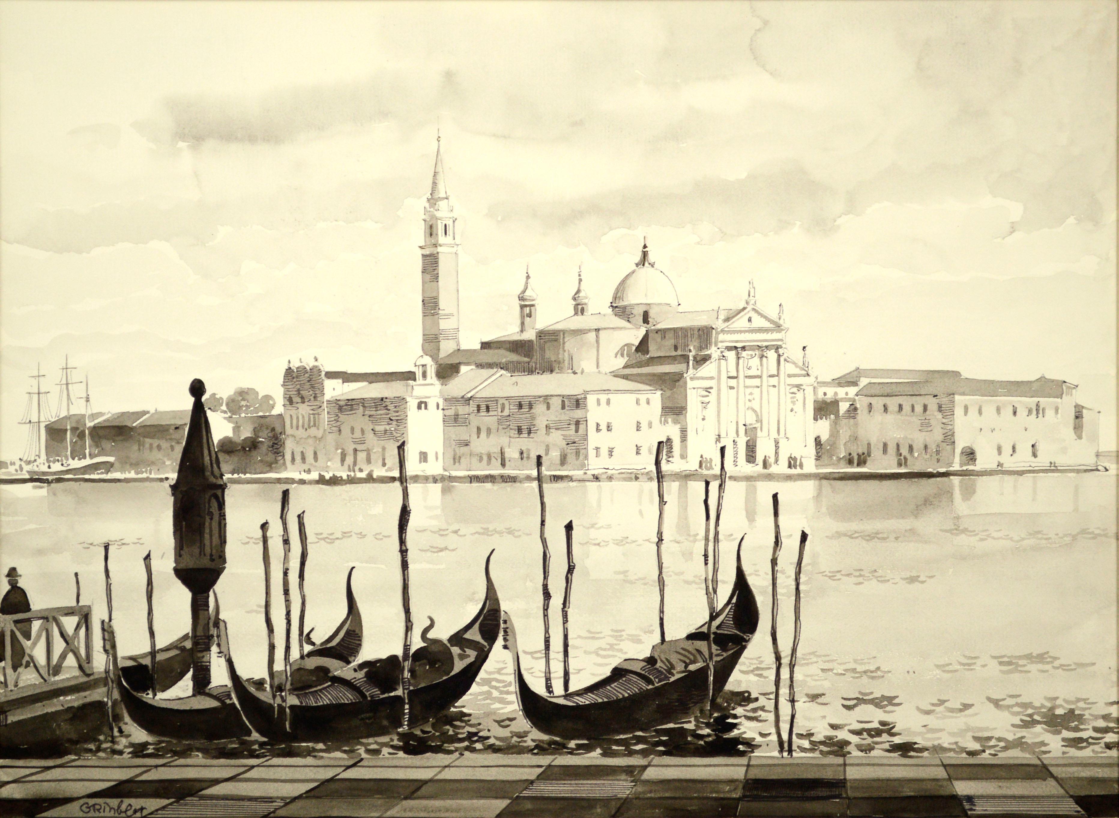 View of St. Marks Basilica, Venice Italy Landscape Watercolor with Gondolas - Art by Unknown