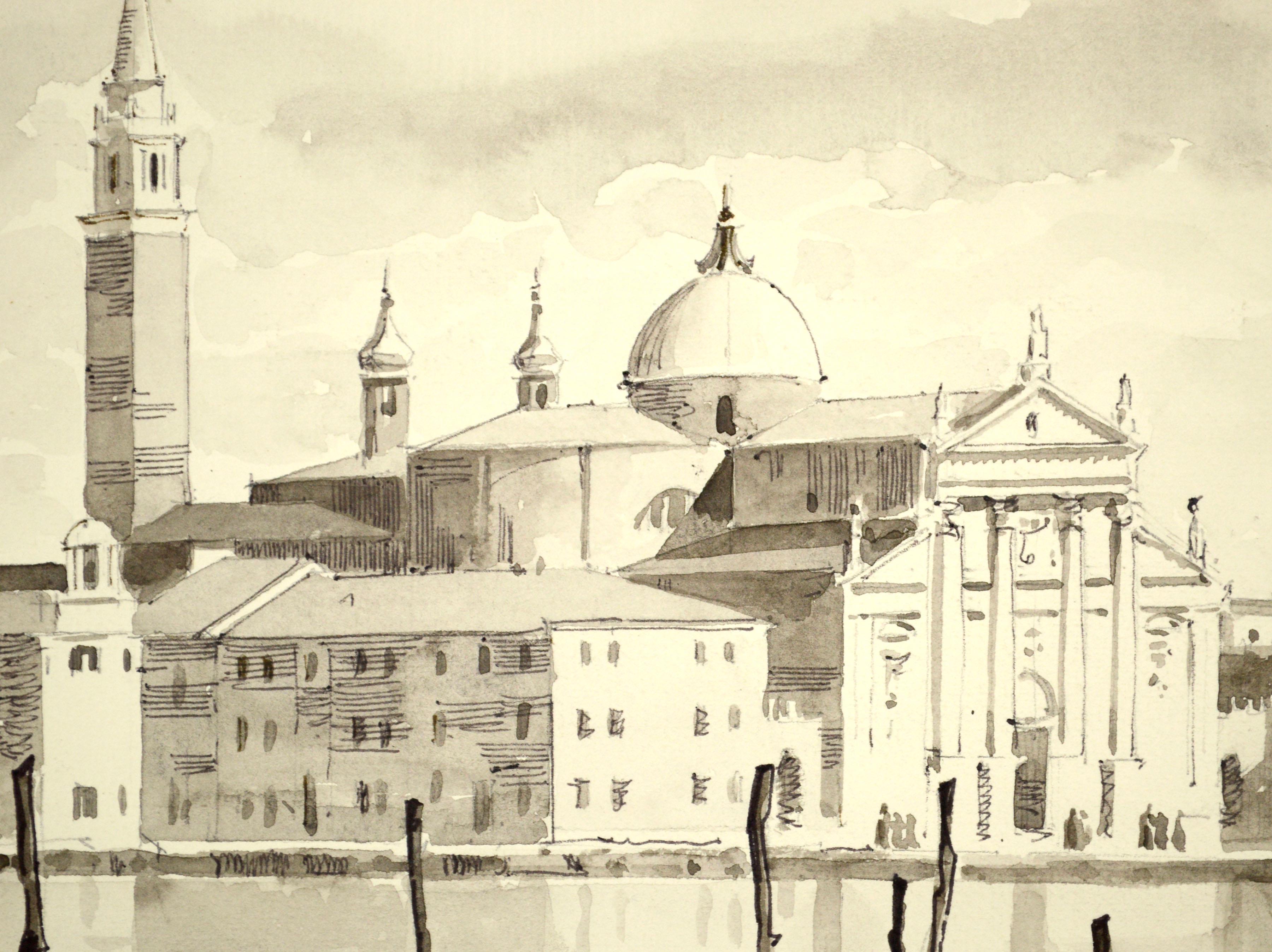 View of St. Marks Basilica, Venice Italy Landscape Watercolor with Gondolas - White Figurative Art by Unknown