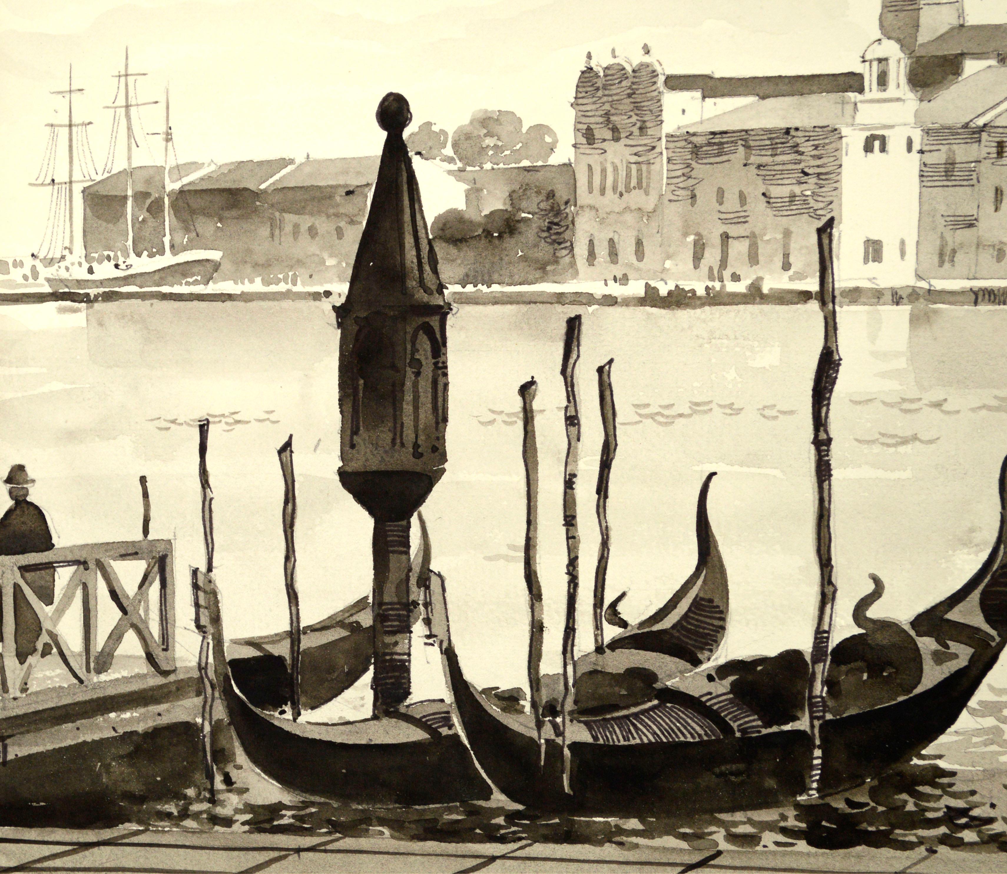 View of St. Marks Basilica, Venedig, Italien, Landschaft, Aquarell mit Gondeln (Weiß), Figurative Art, von Unknown