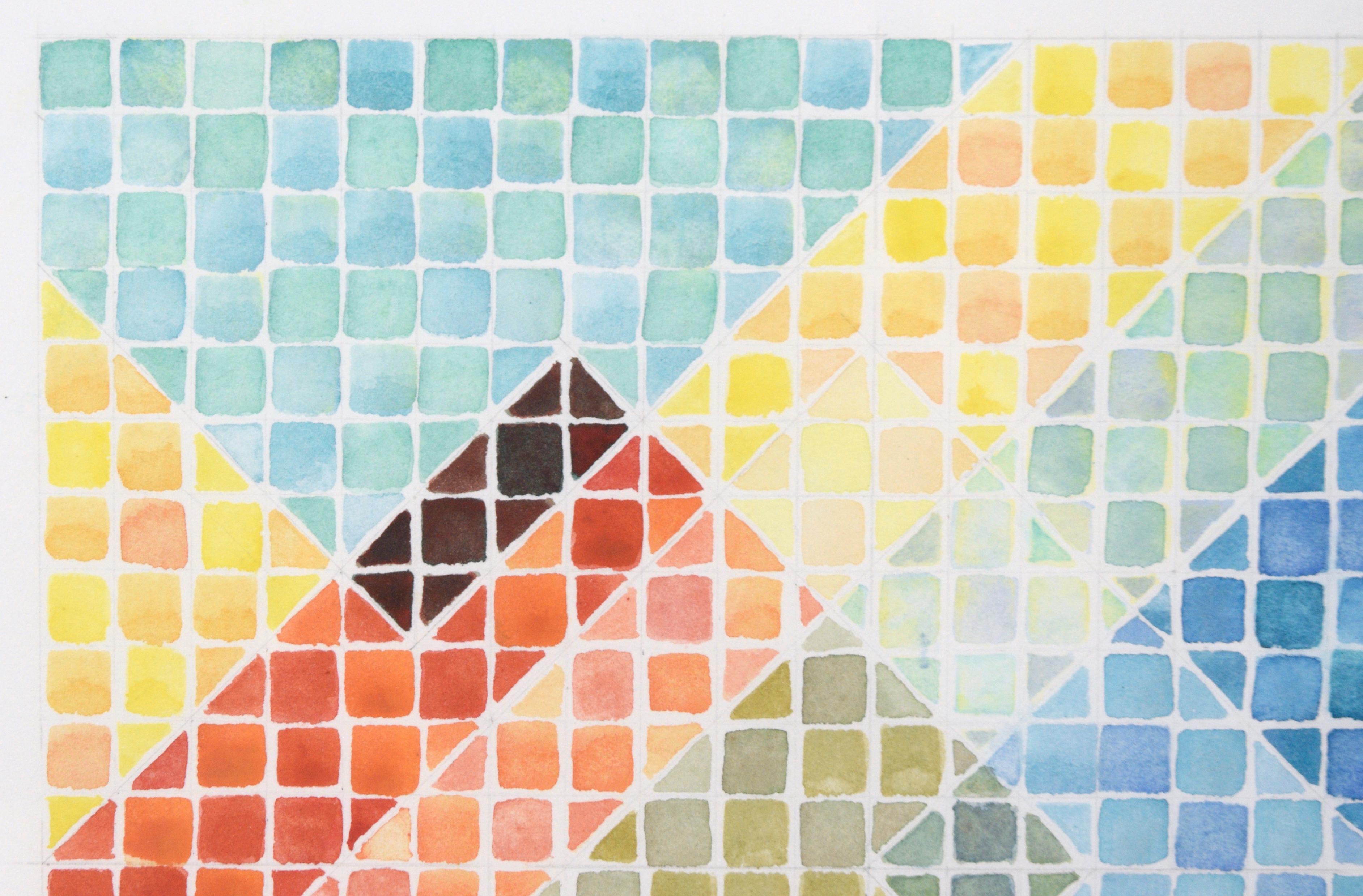 Composition d'op-art très précise d'un artiste inconnu. Une grille de carrés colorés a été créée avec différentes couleurs, divisée par des lignes diagonales occasionnelles qui donnent l'impression de formes superposées. Les couleurs ont été