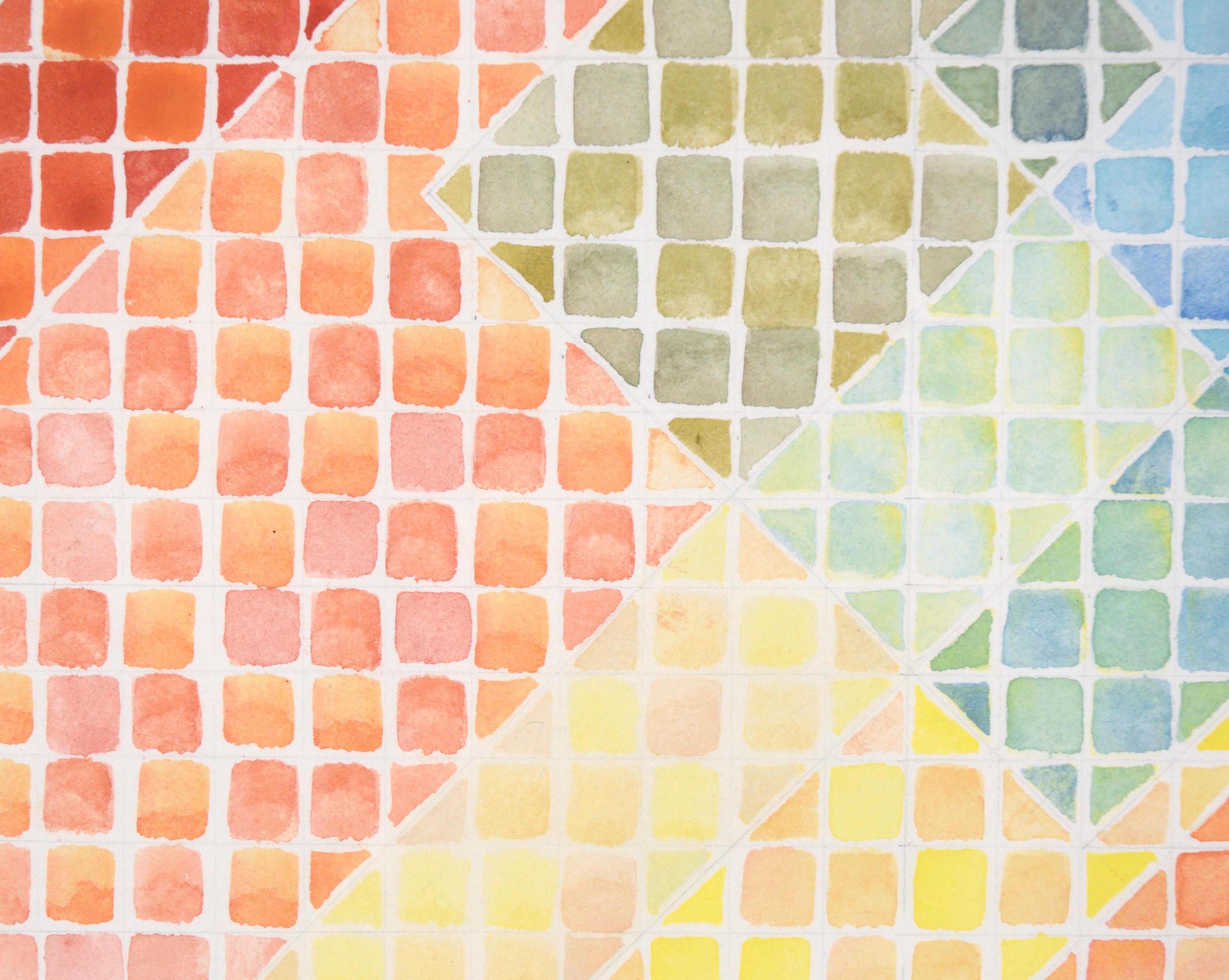 Geometric Color Grid - Op Art Composition - Beige Abstract Drawing by Unknown
