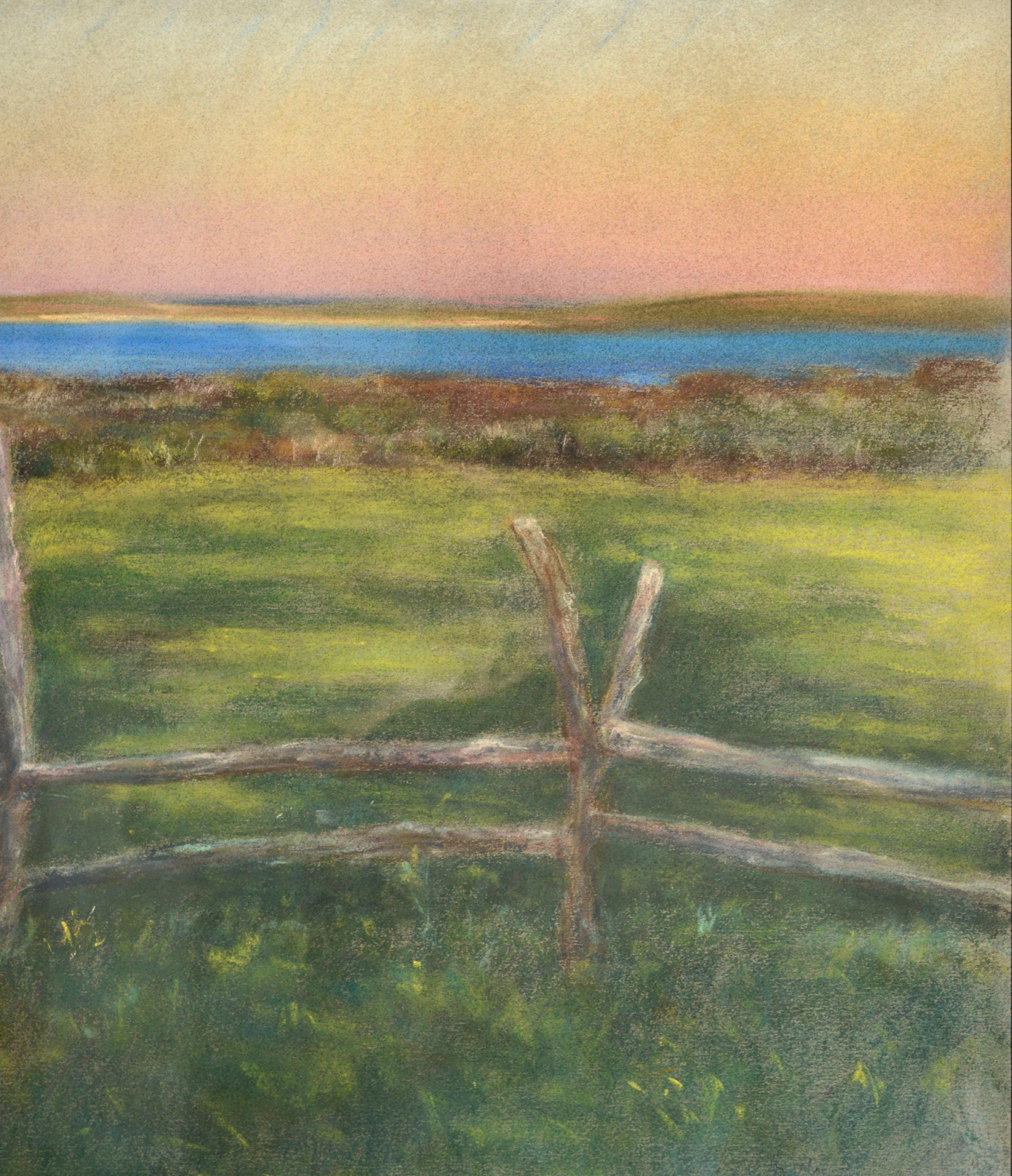 Chilmark Pond, paysage marin en plein air de Martha''s Vineyard - Gris Landscape Art par Anne F. Cook