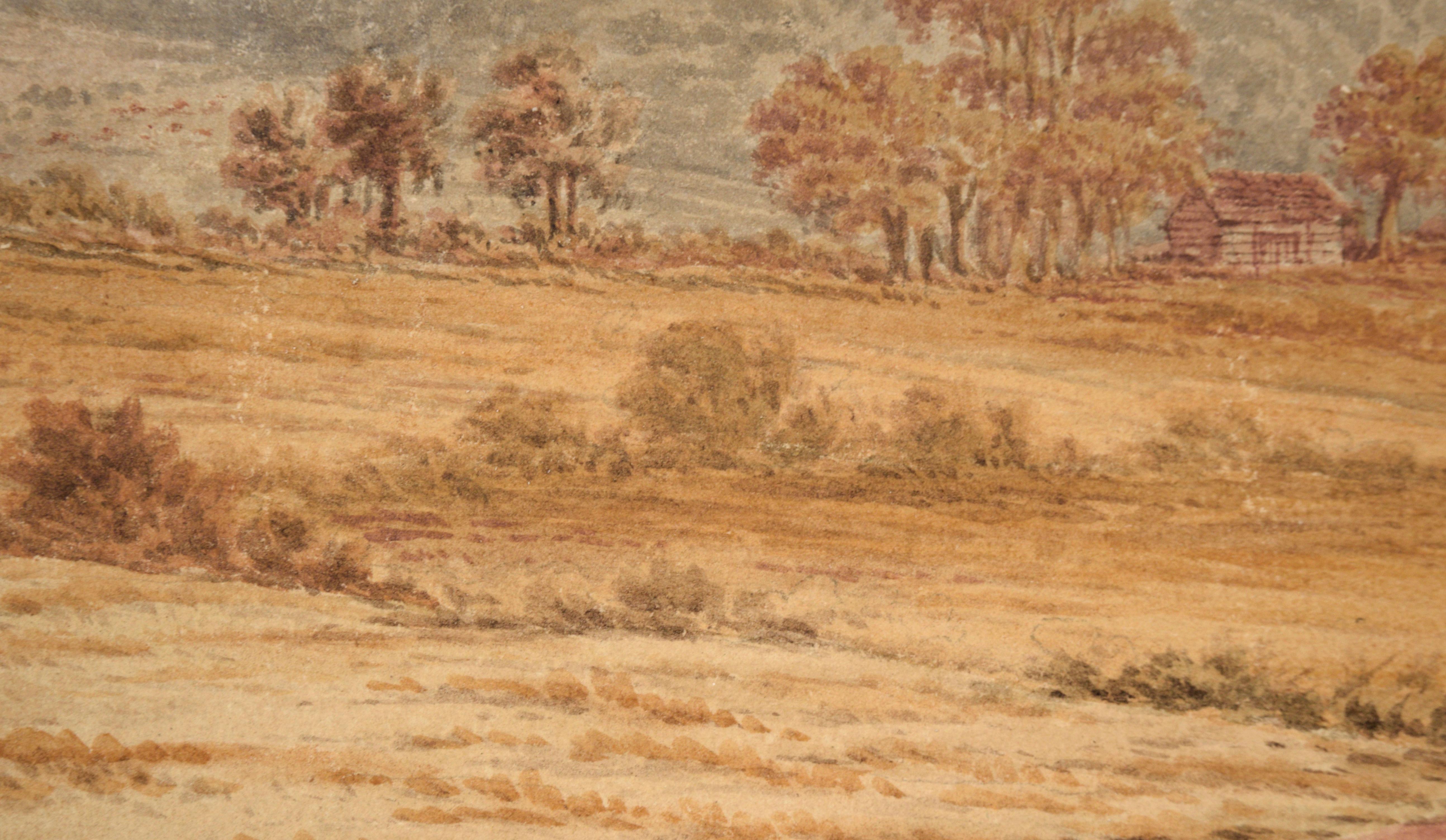 Serene cloudy landscape by Arthur Philemon Coleman (Canada, 1852-1939). From atop a hill, the viewer looks across a  valley. There are a few outcroppings of trees, as well as a farmhouse and livestock. In the far distance, rolling hills with exposed