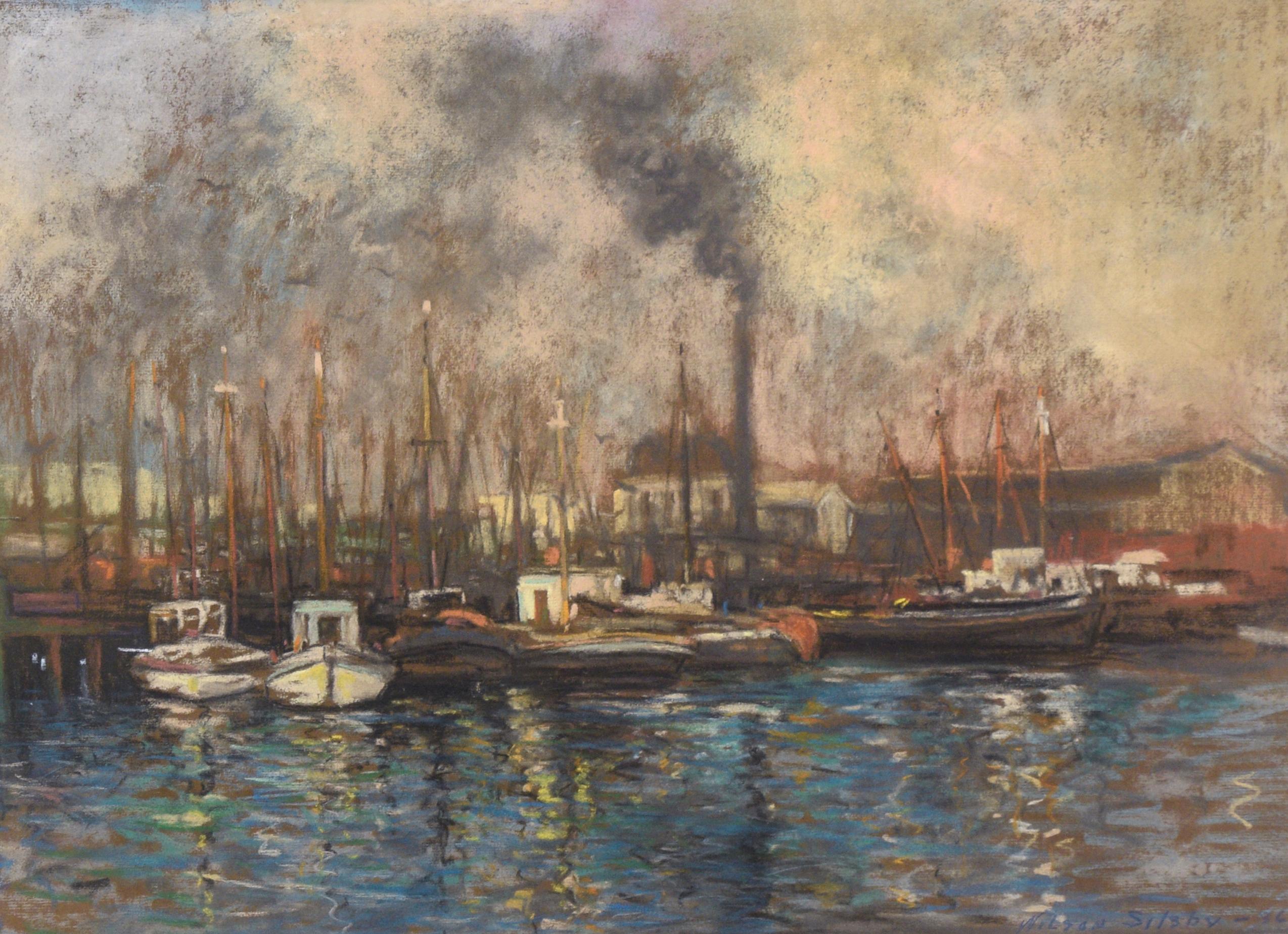 Ciminiera e barche al porto - Paesaggio marino - Art di Wilson Silsby
