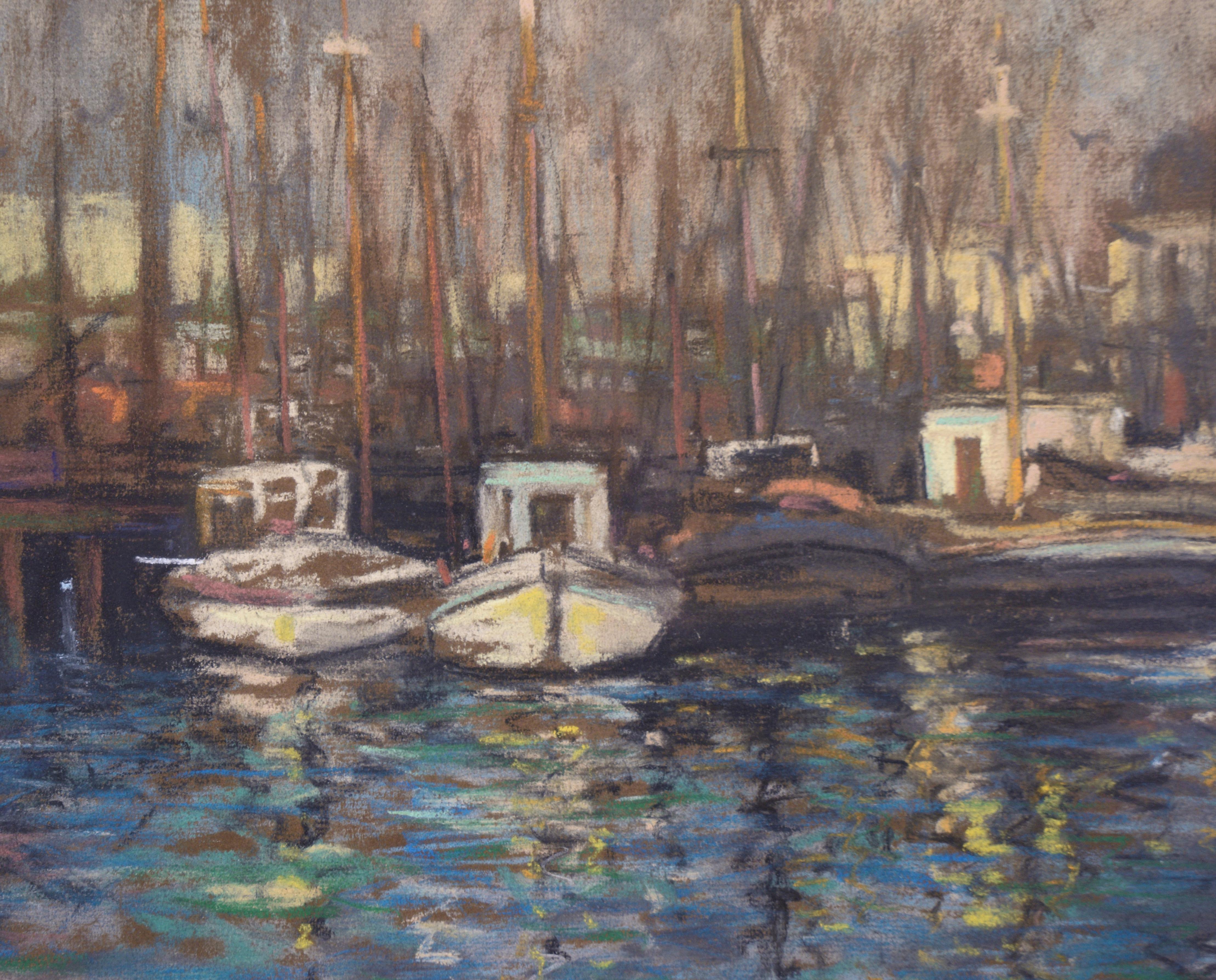 Ciminiera e barche al porto - Paesaggio marino - Landscape Art Beige di Wilson Silsby