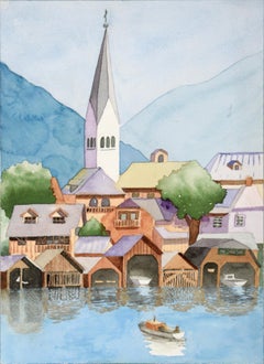 Church by the Covered Docks (église par les ponts couverts) - Paysage aquarelle