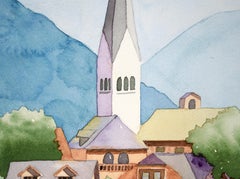 Iglesia junto a los muelles cubiertos - Paisaje en acuarela