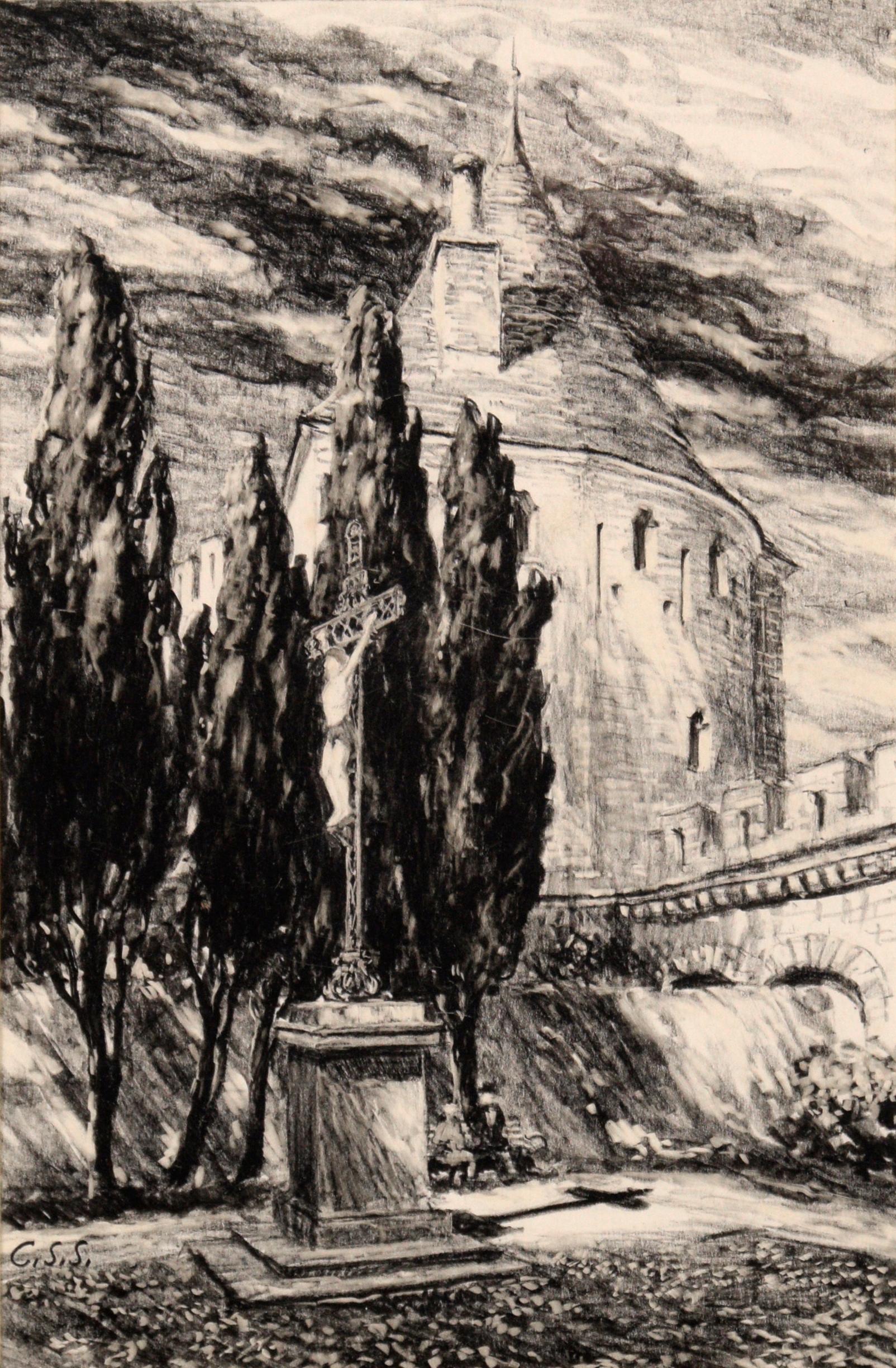 Carcassonne-Zitadel, Frankreich – Pastellzeichnung von Charles Sumner Schneider  im Angebot 1