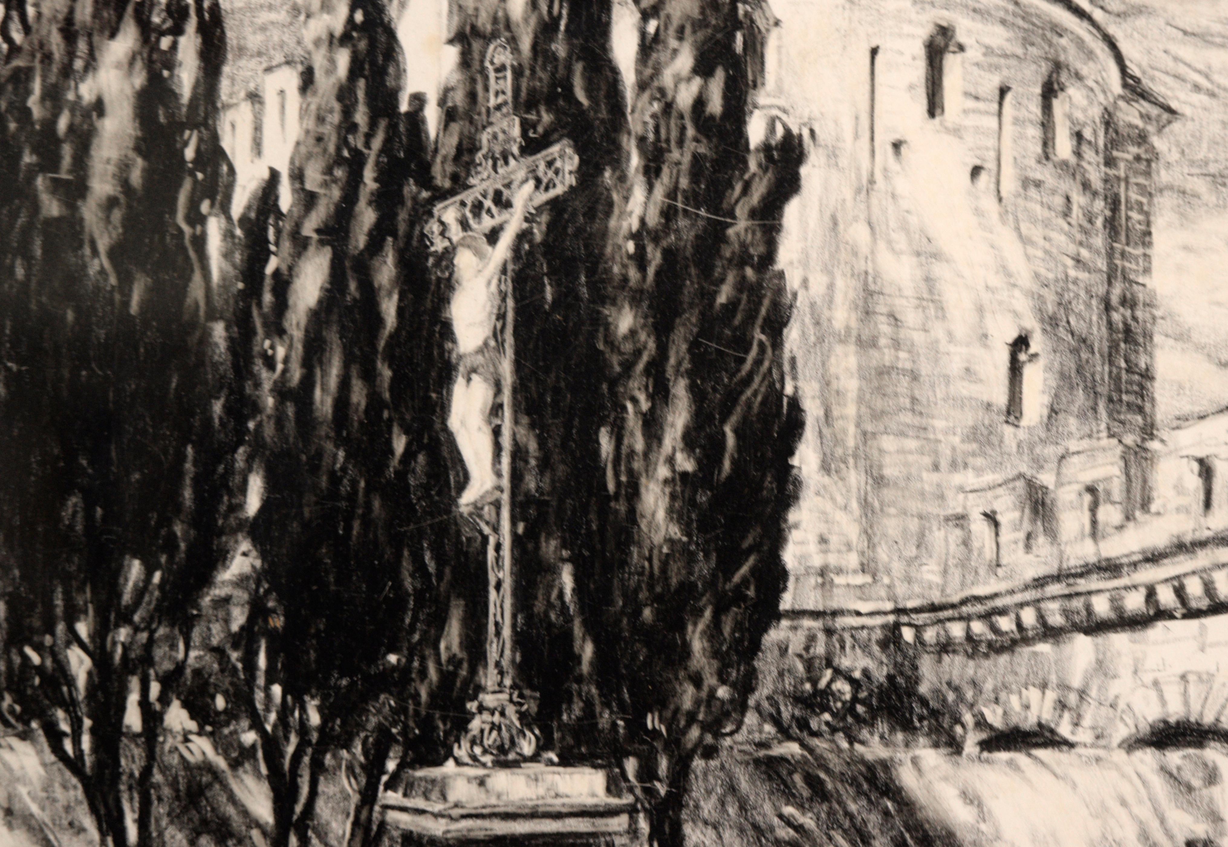 Carcassonne Citadel, France - Pastel Drawing by Charles Sumner Schneider 
Dramatic black and white pastel drawing of Carcassonne Citadel, France by Ohio artist and Architect Charles Sumner Schneider (1874-1932. This piece is bold and high-contrast,