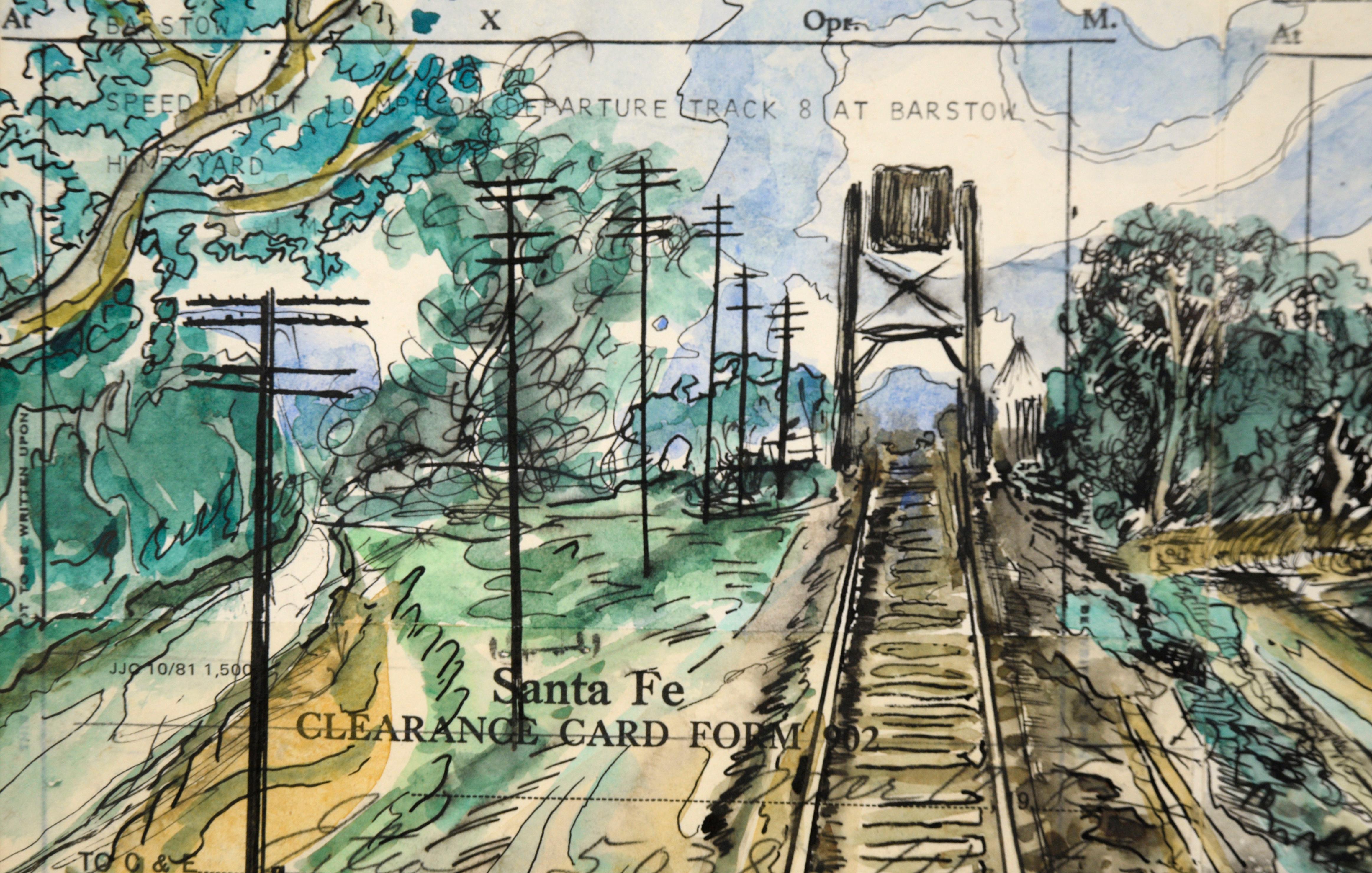 Santa Fe Railroad Tracks Aquarell Original Santa Fe Railroad Zug Bestellungsformular (Braun), Landscape Art, von T. Scott Sayre