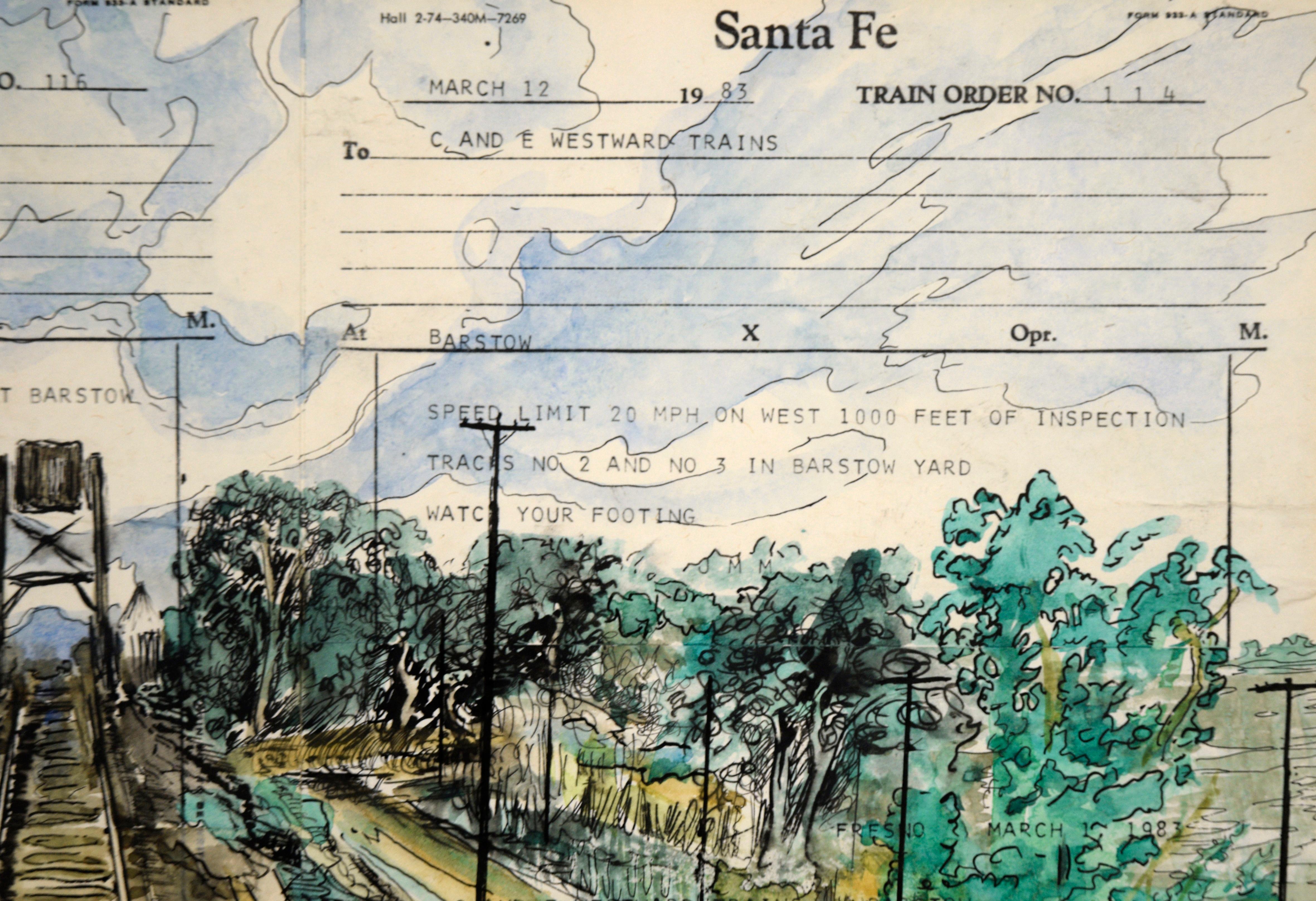 Santa Fe Railroad Tracks Aquarell Original Santa Fe Railroad Train Bestellformular
Eisenbahnlandschaft des bedeutenden Wandmalers T. Scott Sayre (Amerikaner, geb. 1954) aus der SF Bay Area. Dieses auf einem Santa Fe Railroad Train Order Form (933-A