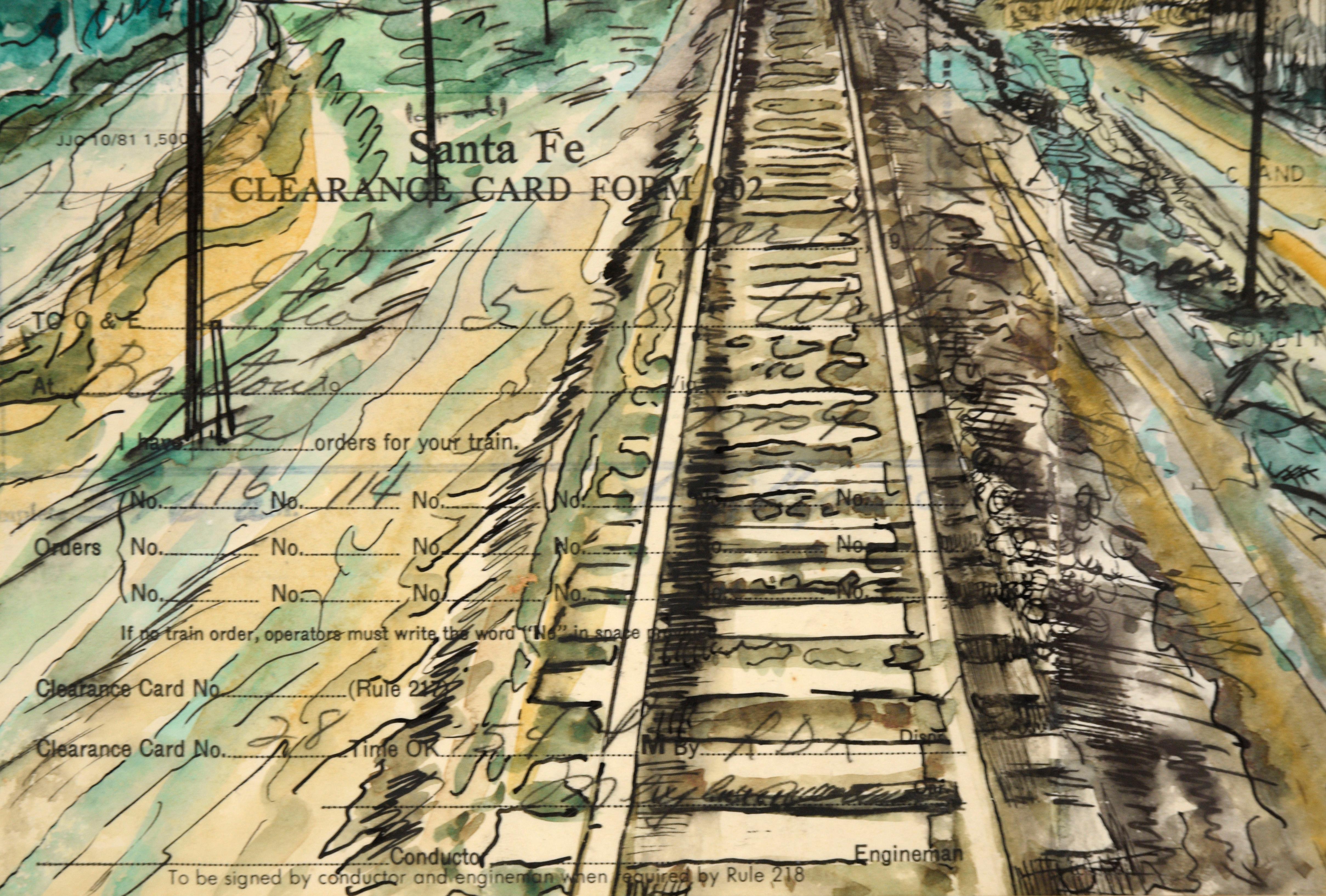 Santa Fe Railroad Tracks Watercolor Original Santa Fe Railroad Train Order Form - Brown Landscape Art by T. Scott Sayre