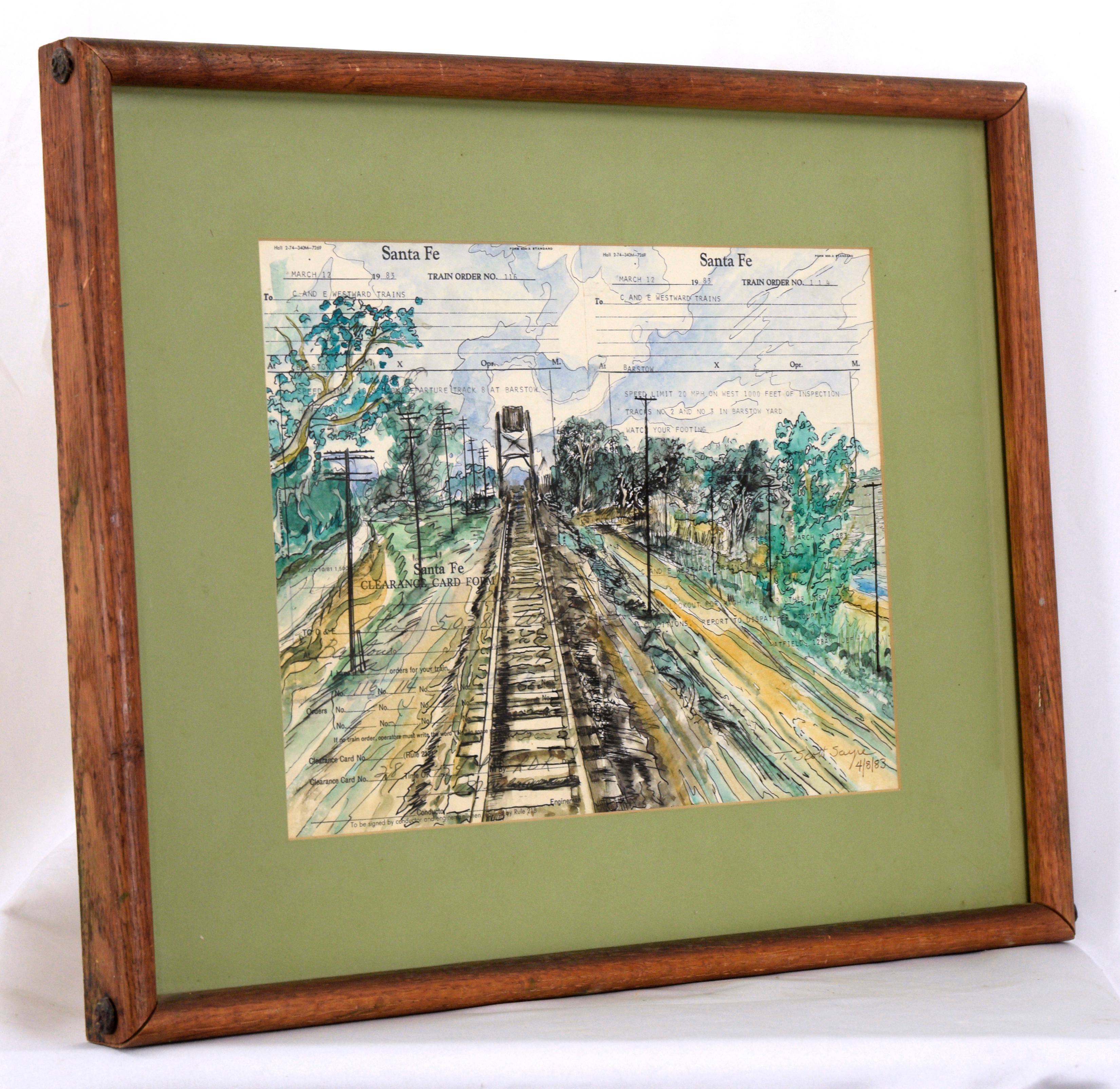 Santa Fe Railroad Tracks Watercolor Original Santa Fe Railroad Train Order Form - Art by T. Scott Sayre