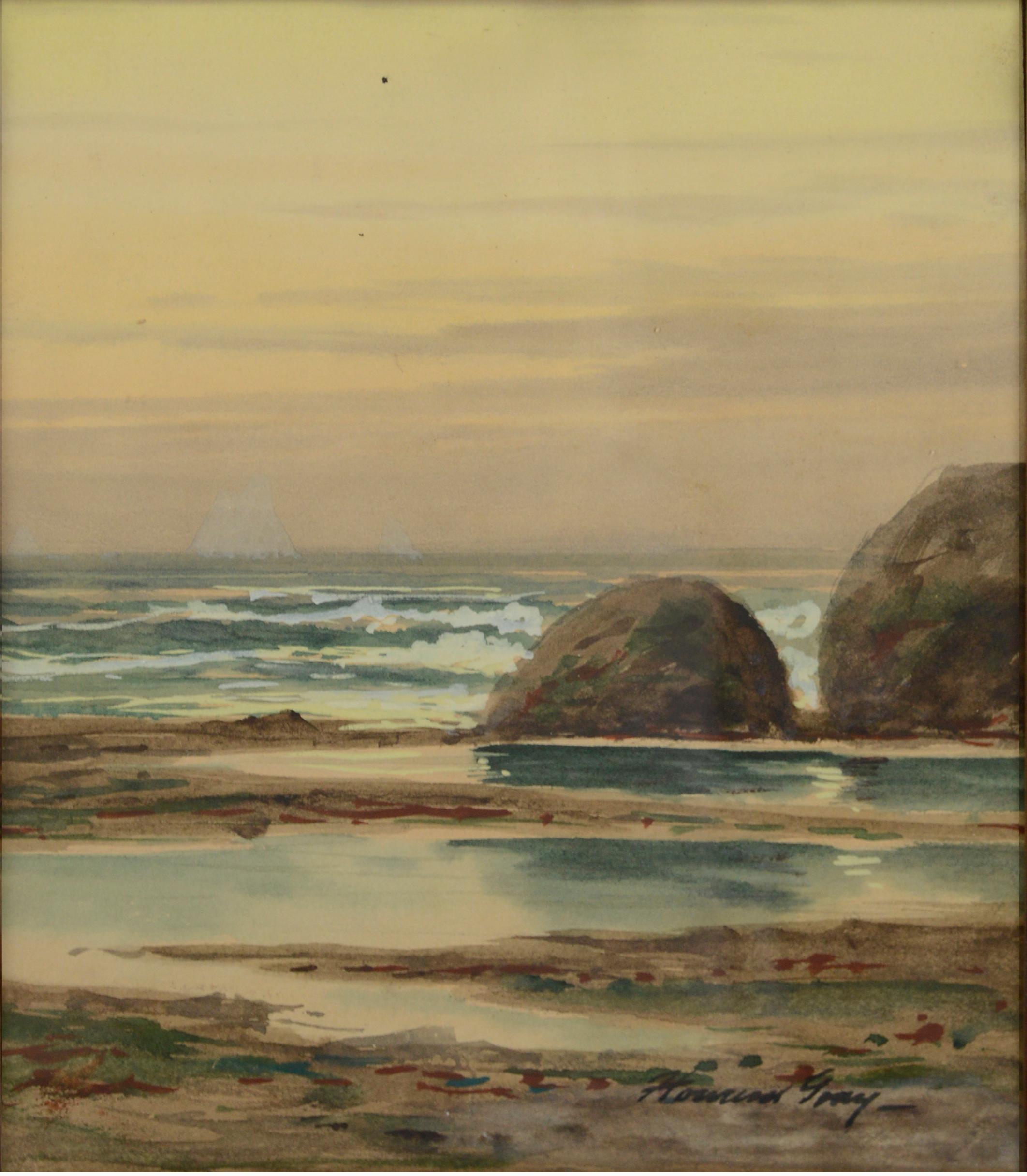 Schoner an der Küste mit Felsen, Gezeitenteichen und Vogel von Howard Garfield Gray im Angebot 1