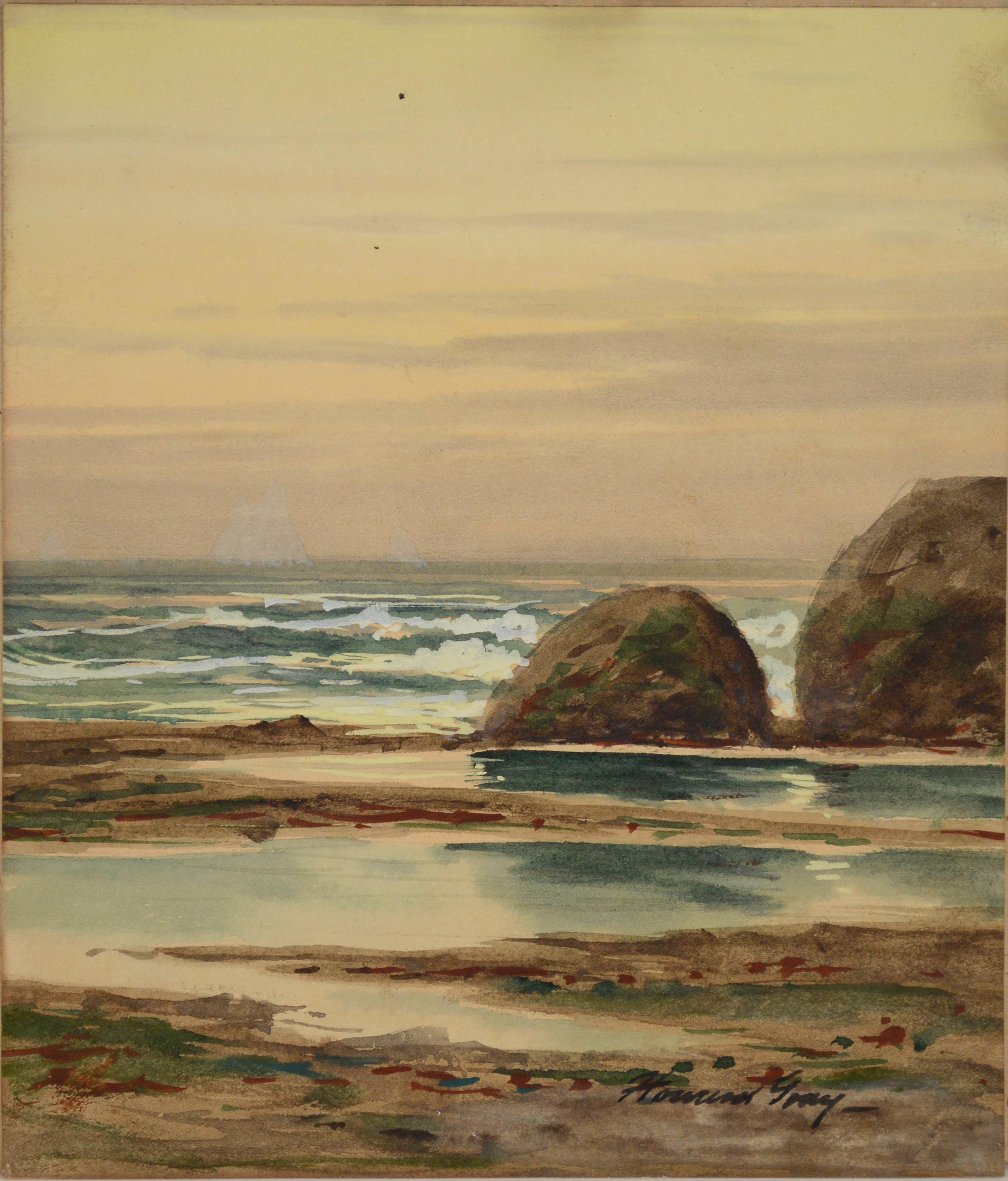 Schooners on the Coast with Rocks Tide Pools and bird by Howard Garfield Gray
Schooners in the mist by artist and illustrator Howard Garfield Gray (American, 19th-20th C). Watercolor on paper in very good condition with normal age toning (slight
