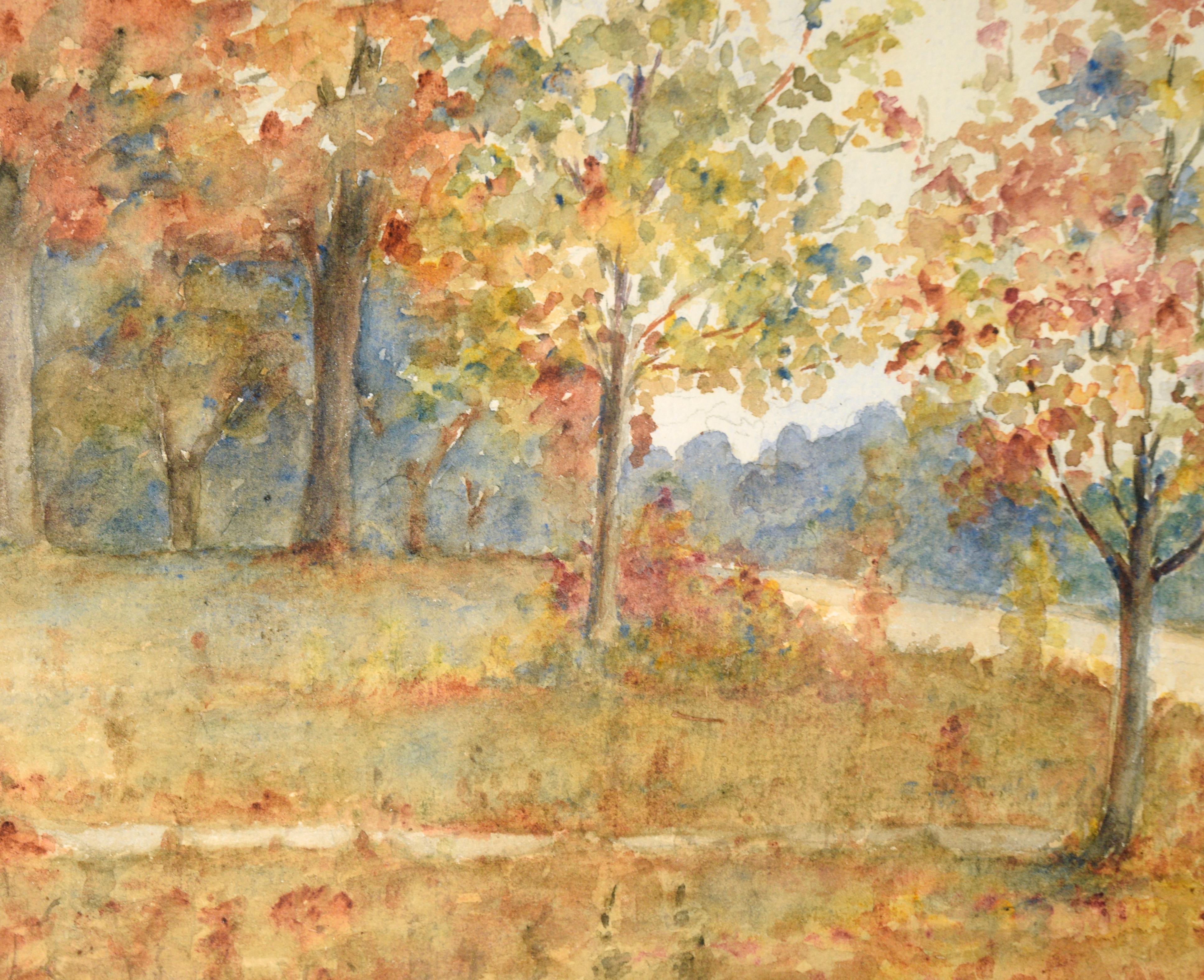 Paysage serein de J. B. Schock. Plusieurs arbres bordent les rives d'une rivière, éclatant de couleurs d'automne. De l'autre côté de la rivière, sur la rive opposée, on peut voir le toit et les cheminées d'une maison au-delà des arbres. Peintre