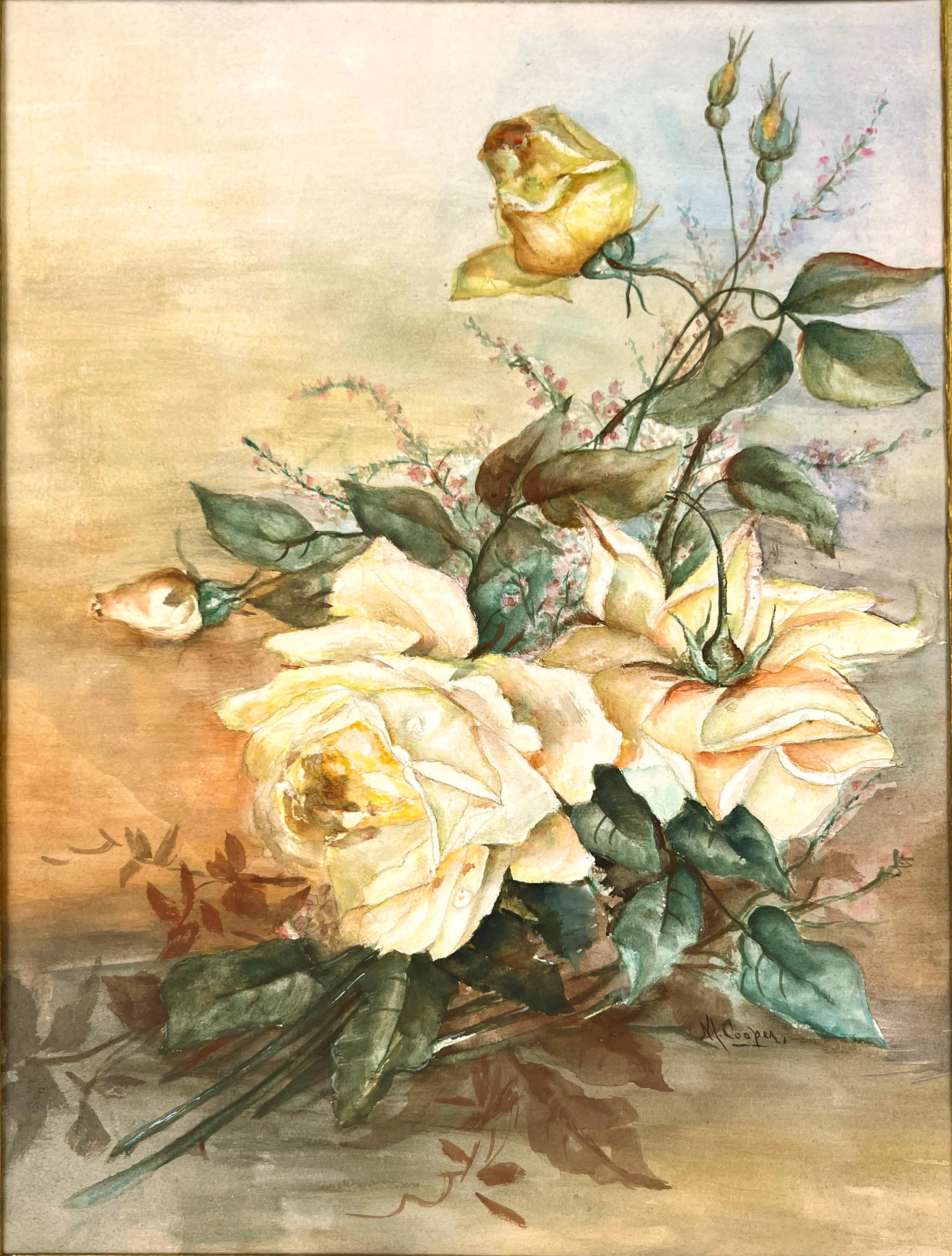 Nature morte aux roses Aquarelle de M Boyer Cooper 1915 en vente 1