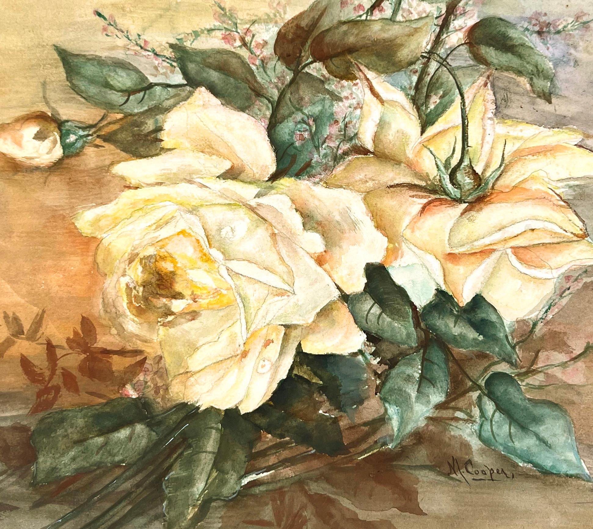 Nature morte aux roses Aquarelle de M Boyer Cooper 1915 en vente 2