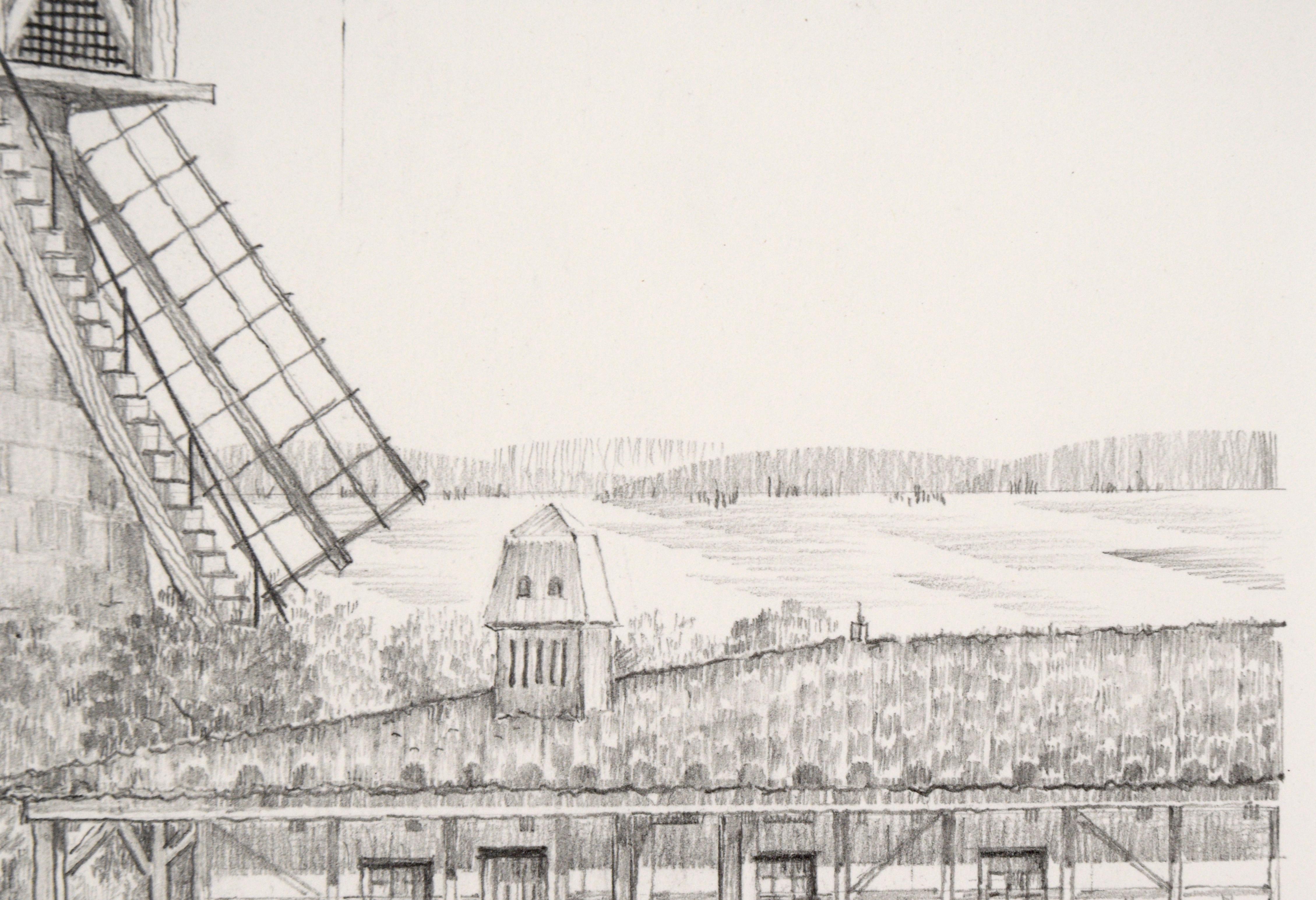 Cal Nord, Denmark - Hyper Realistic Windmill Illustration - Gray Landscape Art by M Mayer