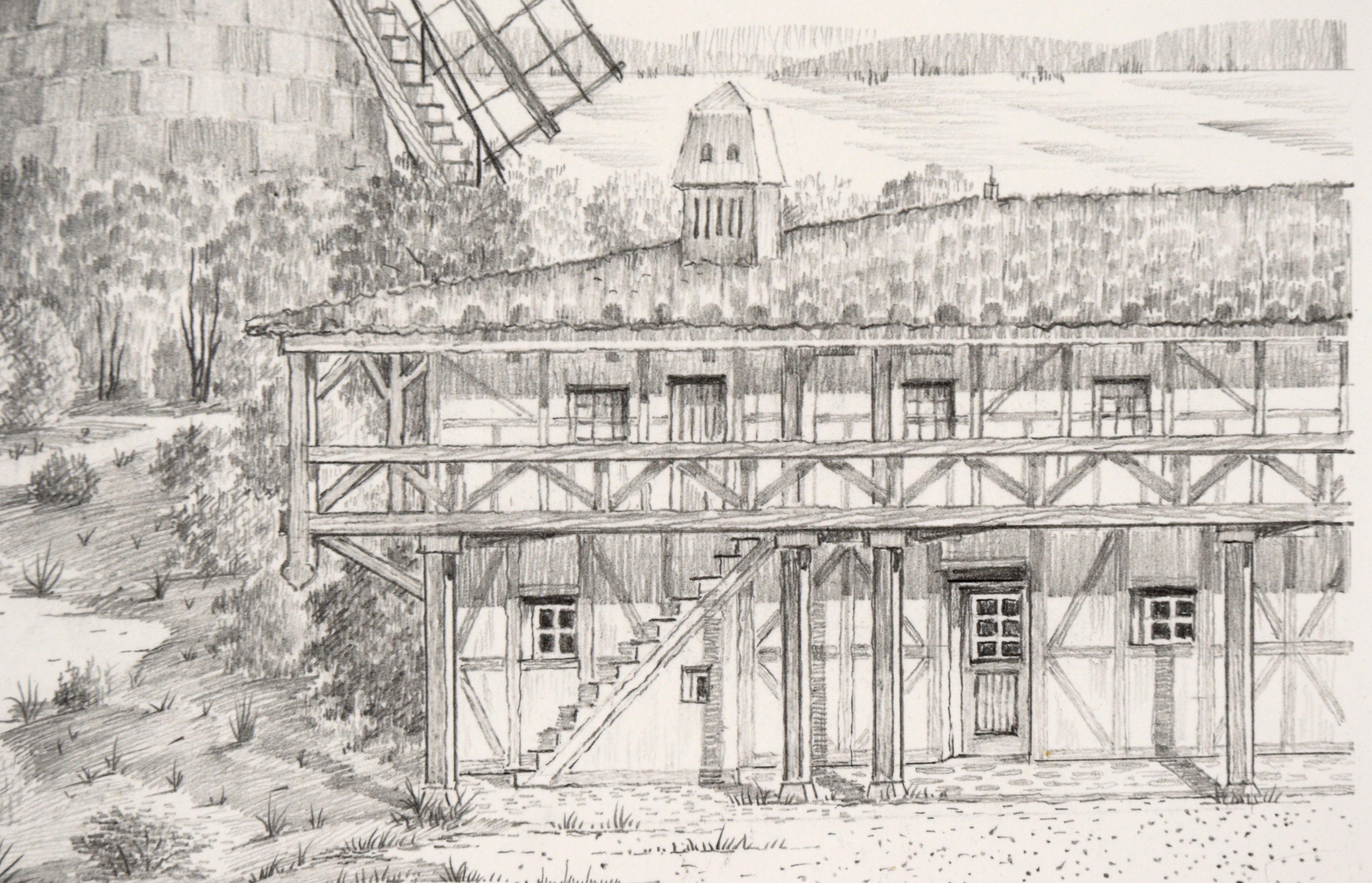 Highly detailed drawing of a windmill on a farm in Denmark by M. Mayer (20th Century). A large rustic windmill is the central focus of the piece, towering above the nearby trees and buildings. The landscape and buildings are rendered in exquisite