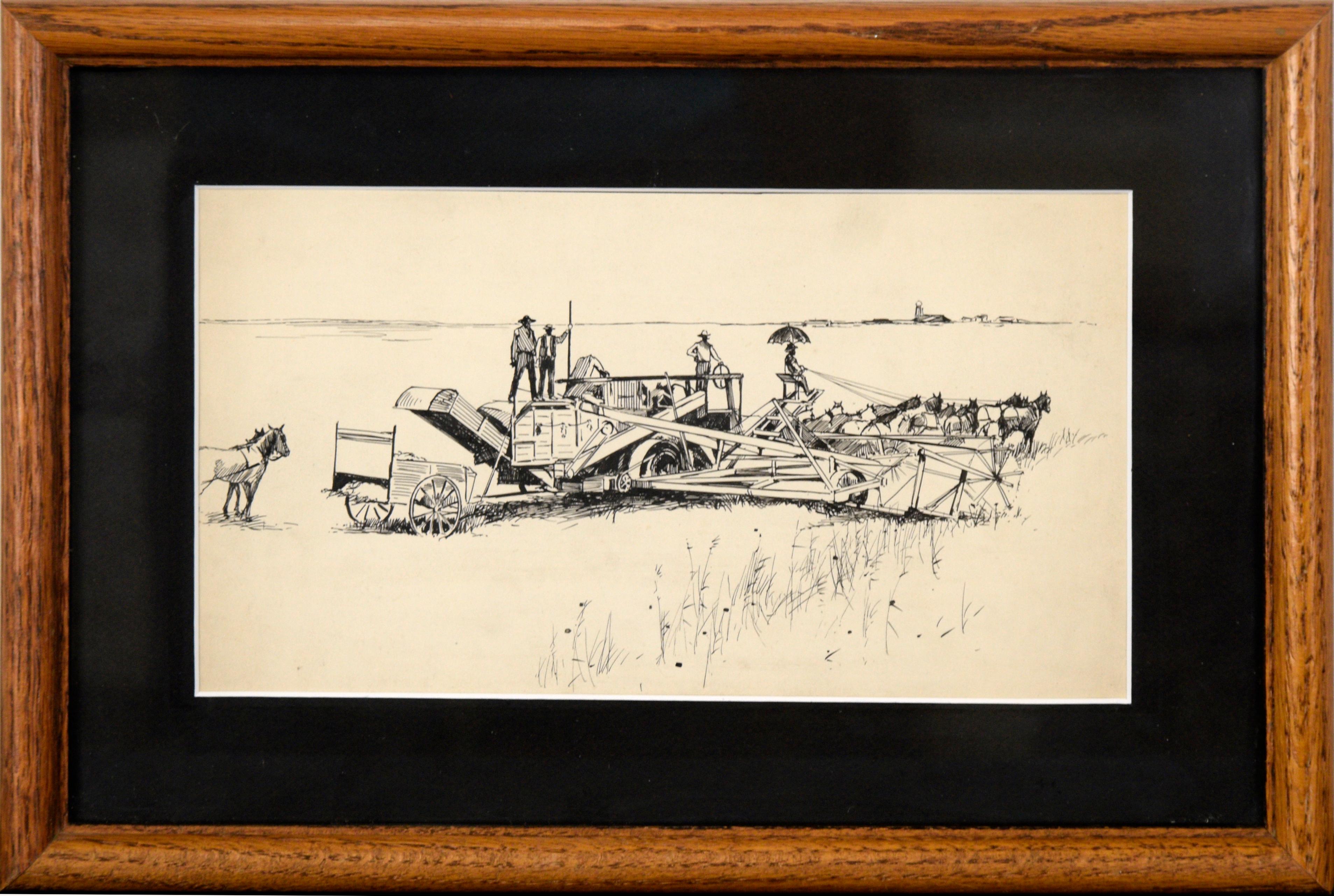 Unknown Landscape Art - "Harvester at work in the field" - Ink Drawing on Heavy Paper